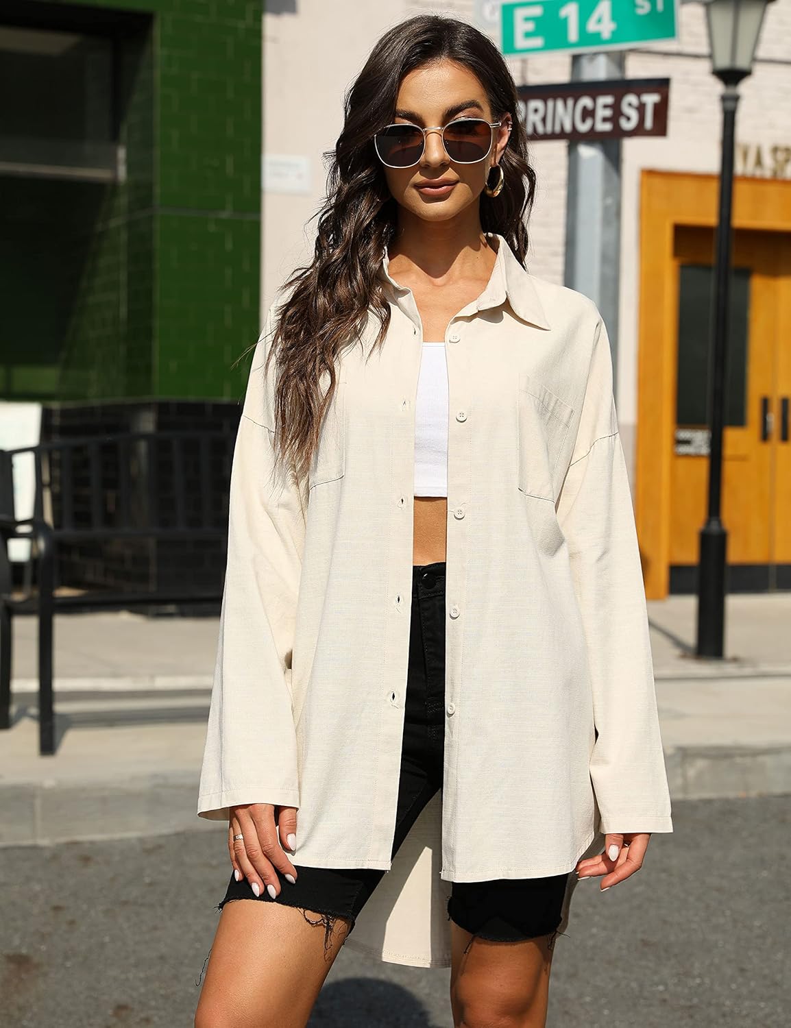 Bianstore Women's Oversized Linen Shirts Blouses Tops Long Sleeve High Low Button Up Shirts - Image 2