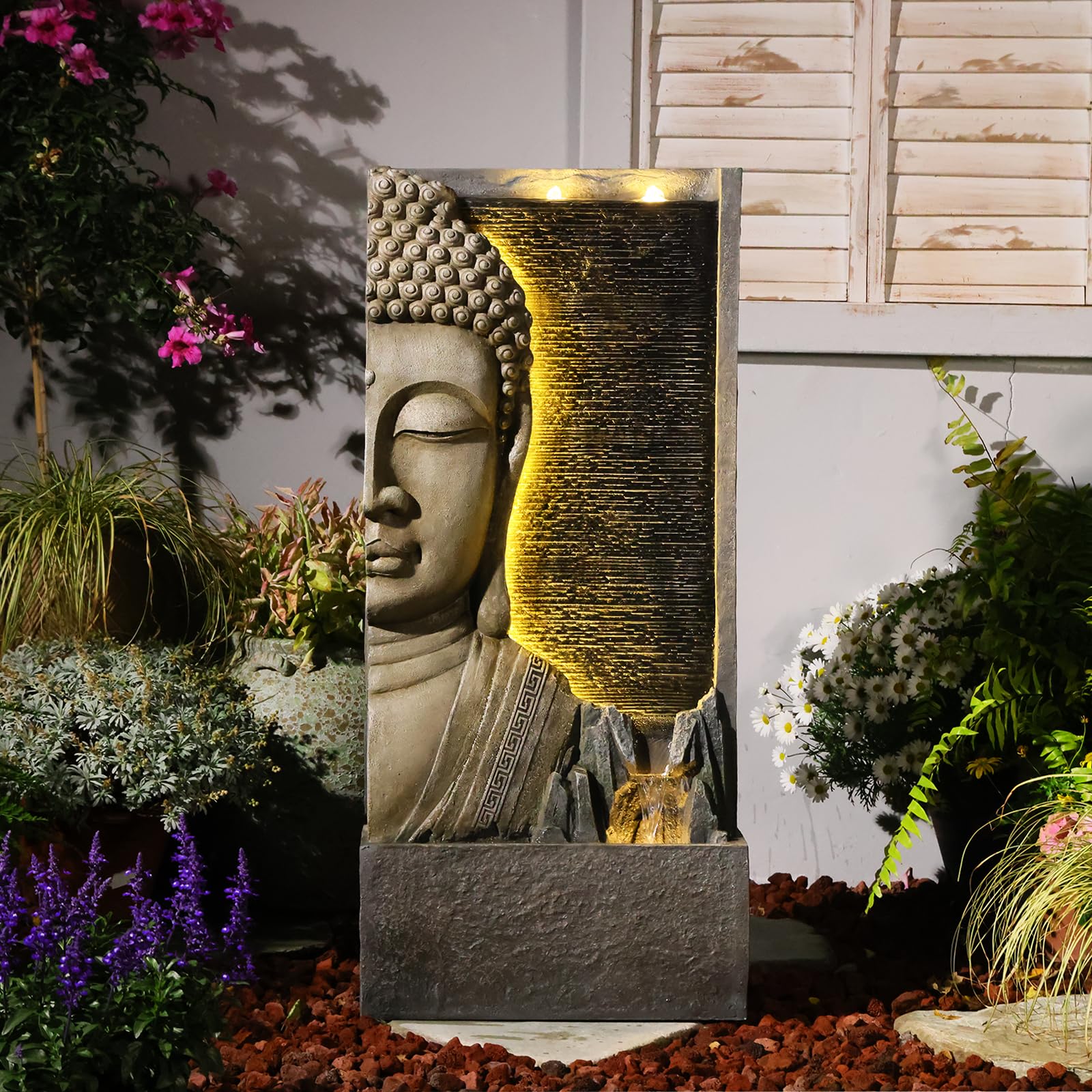 Sunlinua 117cmH Zen-Buddha Gartenbrunnen mit LED, Wasserfall mit Doppel-Bubblern und Bachlauf, Harz-Statue für Terrasse, Garten, Veranda, Meditations-Dekor, Grau