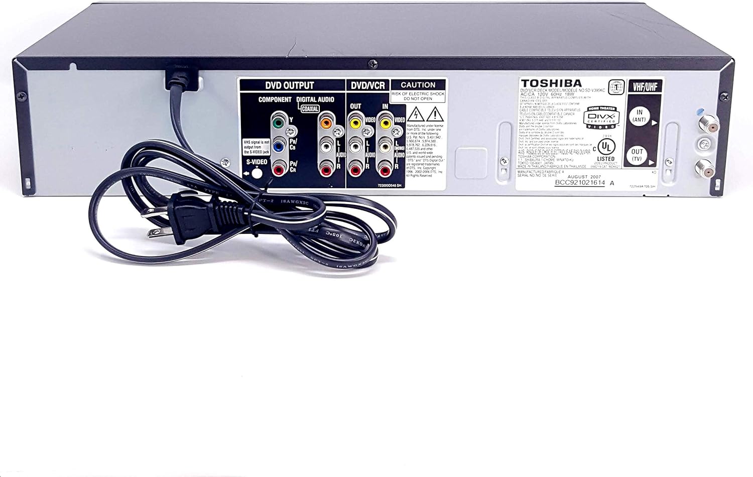 Rear view of Toshiba SD-V395U DVD VCR Combo showing various input and output ports