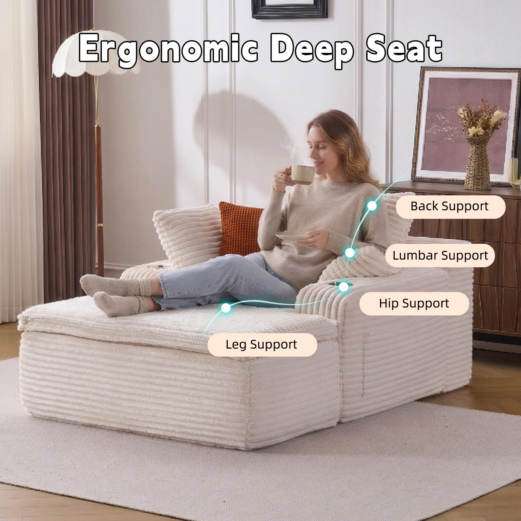 Boneless Couch Schlafsessel mit Chaise-Lounge – Modernes Cloud Sofa aus Cordstoff, 2-in-1 Kissen/Decke, kein Aufbau, für Wohnzimmer (Beige)