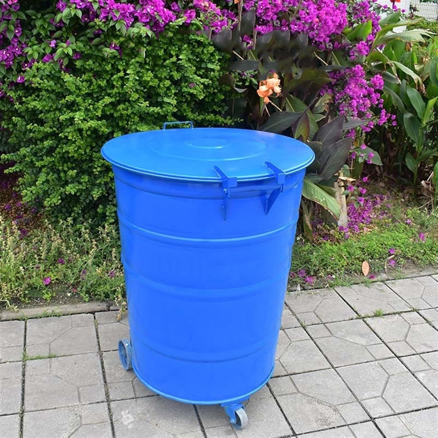 Large Trash Can Wastebasket Large-capacity Iron Trash Can 360L Large Outdoor Sanitation Trailer Trash Can Thick Metal Trash Can with Three Wheels and Lid Blue/Green Garbage Can for Outdoor or Commer