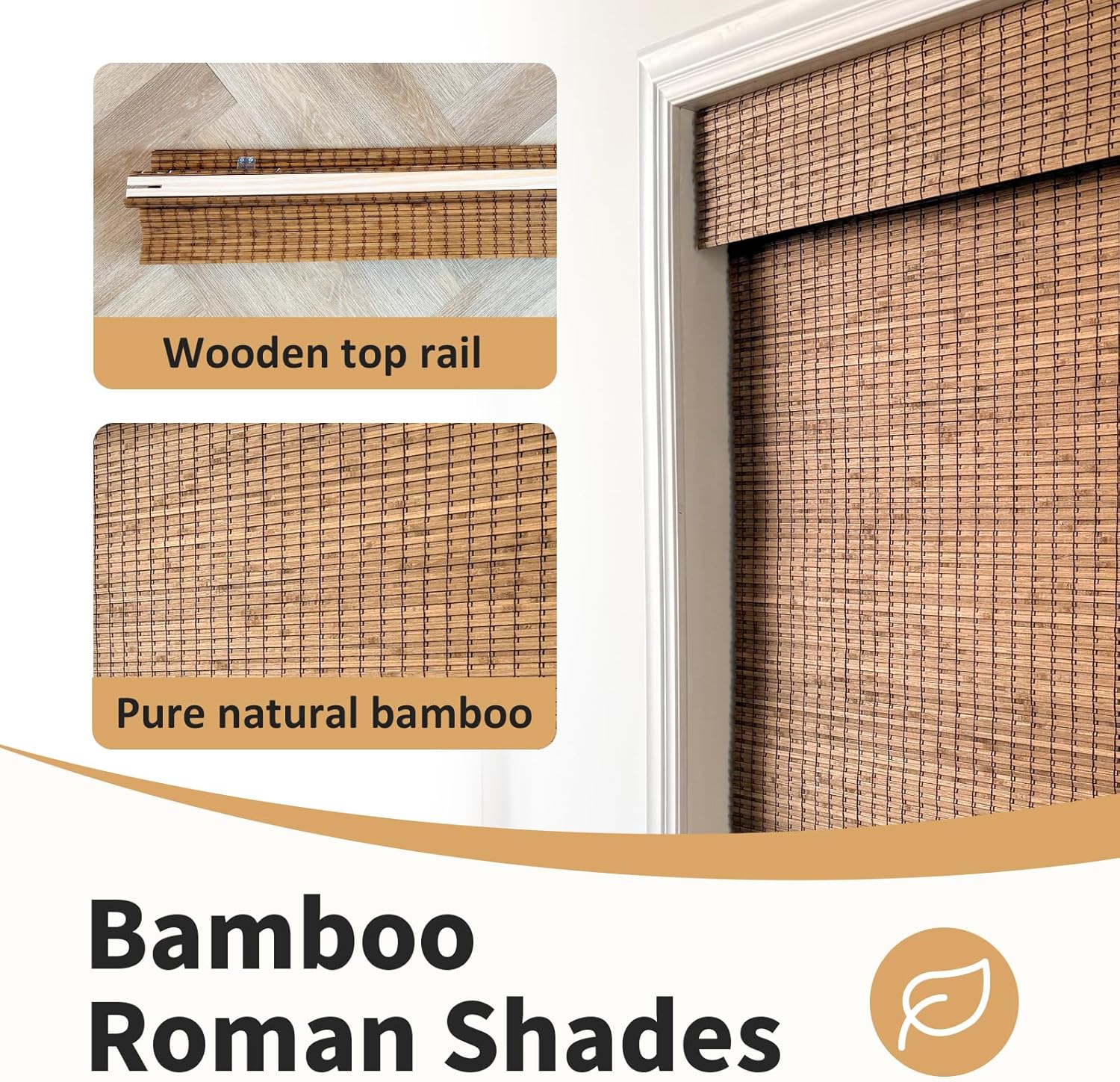 cordless bamboo roman shades 45x64in, light filtering bamboo blinds for indoor windows, office, bathroom and living room, privacy teak.