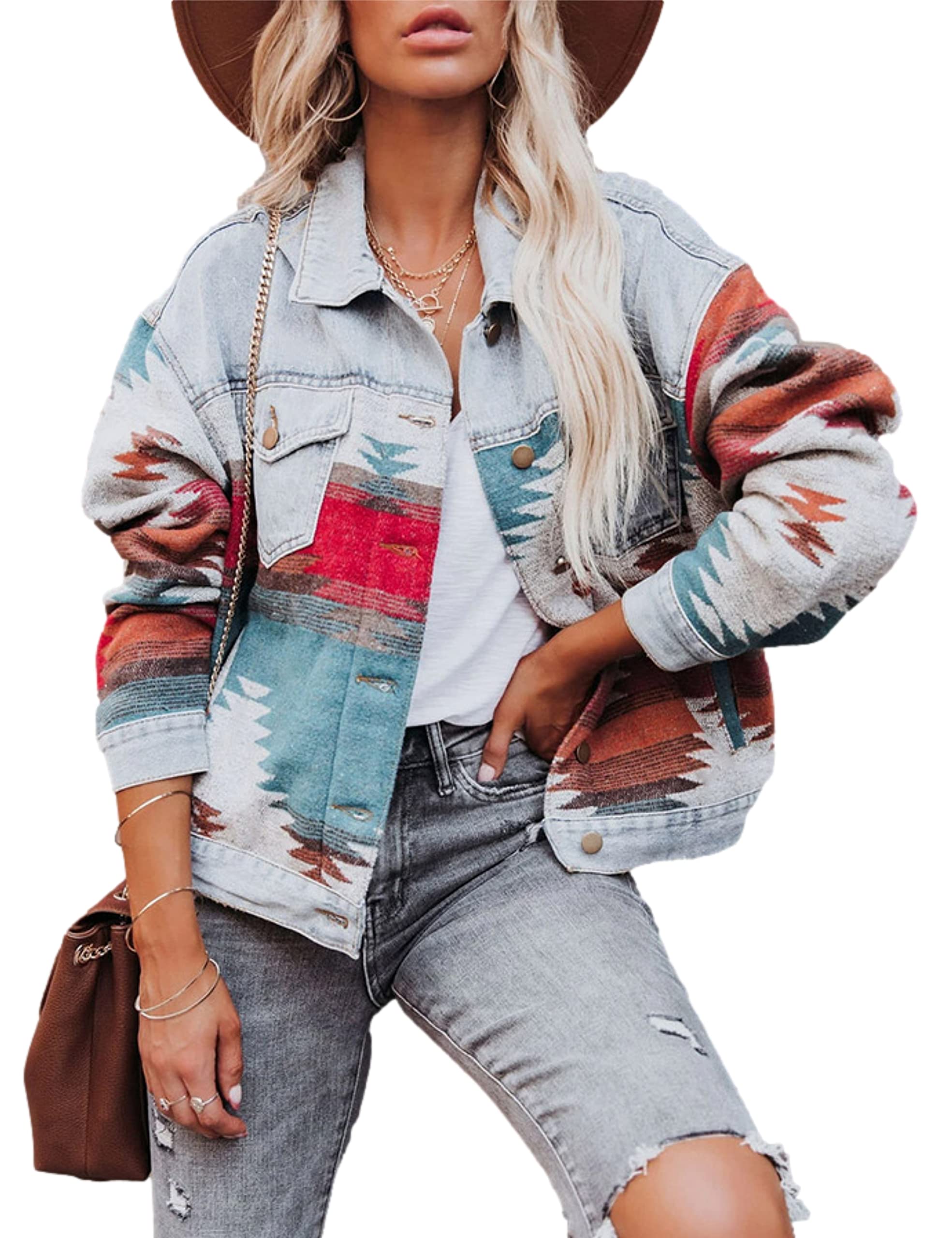 ZontroldyAztec Denim Jacket for Women Oversized Button Down Distressed Denim Jean Shirt Shacket Jacket