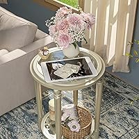 Vista 4 de SUNBURY Mesa auxiliar moderna con parte superior de vidrio templado y estante inferior de vidrio, mesita de noche pequeña de MDF para sala de estar