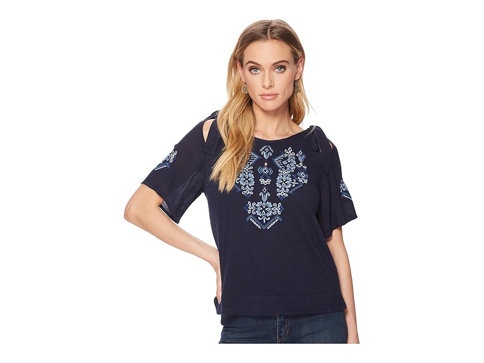 

Lucky Brand Embroidered Tie Shoulder Top (American Navy) Women's T Shirt