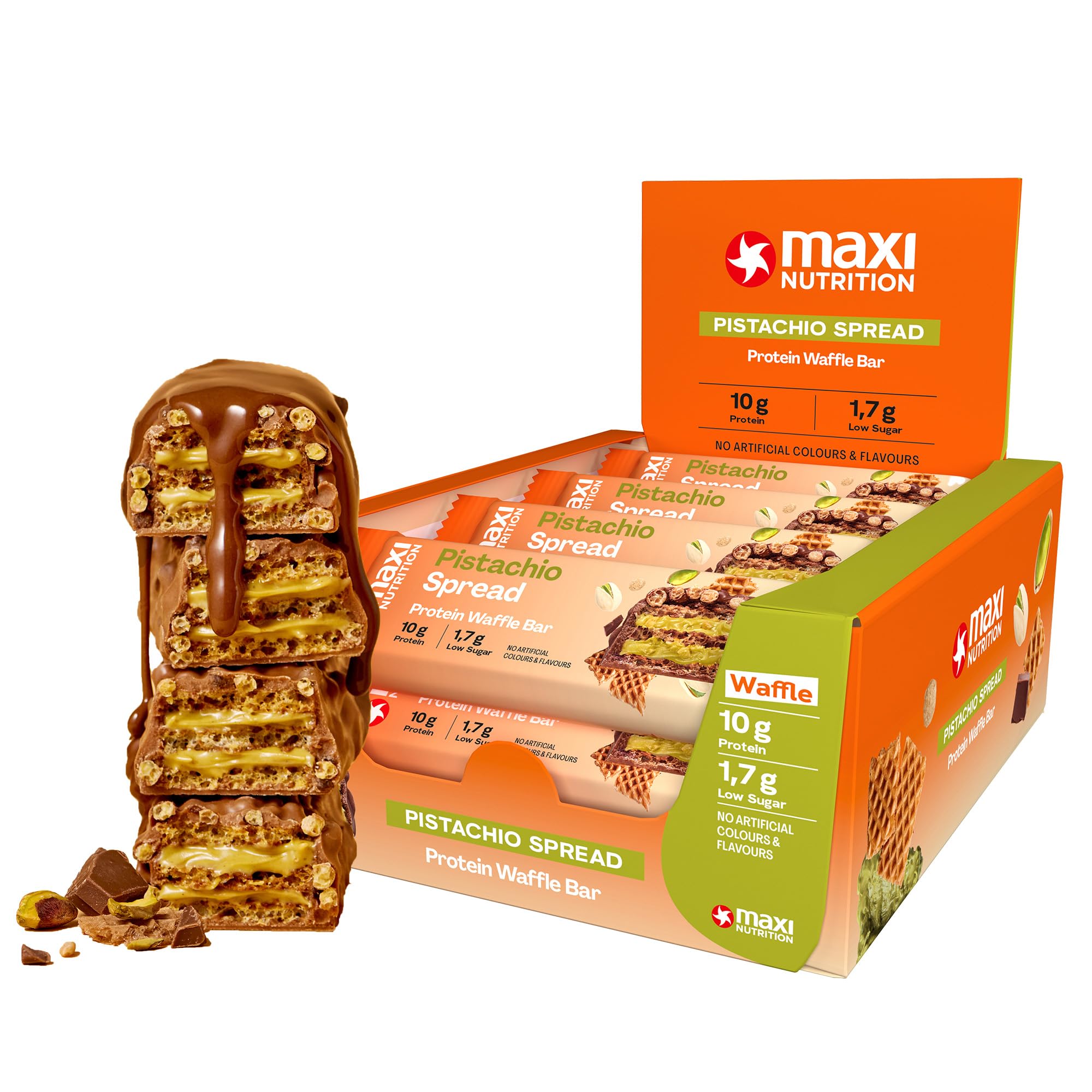 MaxiNutrition Pistachio Spread Protein Waffle Bar, 26% Eiweiß, 199 kcal, (12 Eiweißriegel x 39g), Ohne Zuckerzusatz