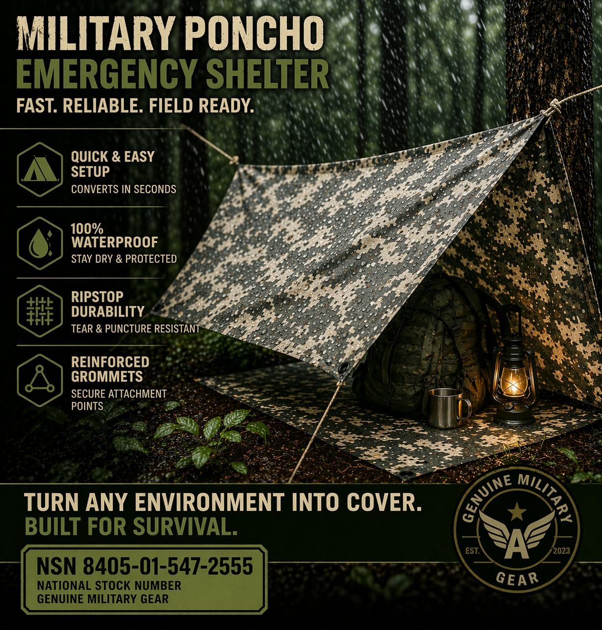 Genuine U.S. Military Poncho Waterproof Rain Gear – Tactical Poncho for Camping Hiking Survival Emergency Shelter Heavy Duty Ripstop NSN 8405-01-547-2555 – Previously Issued Military Surplus
