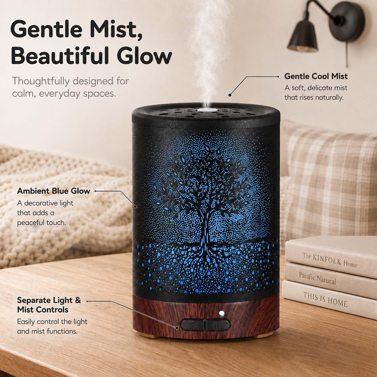 Diffusore di oli essenziali, diffusore per aromaterapia, con luce in 7 colori e spegnimento automatico, umidificatore a nebbia fredda in metallo, per casa e ufficio (albero)