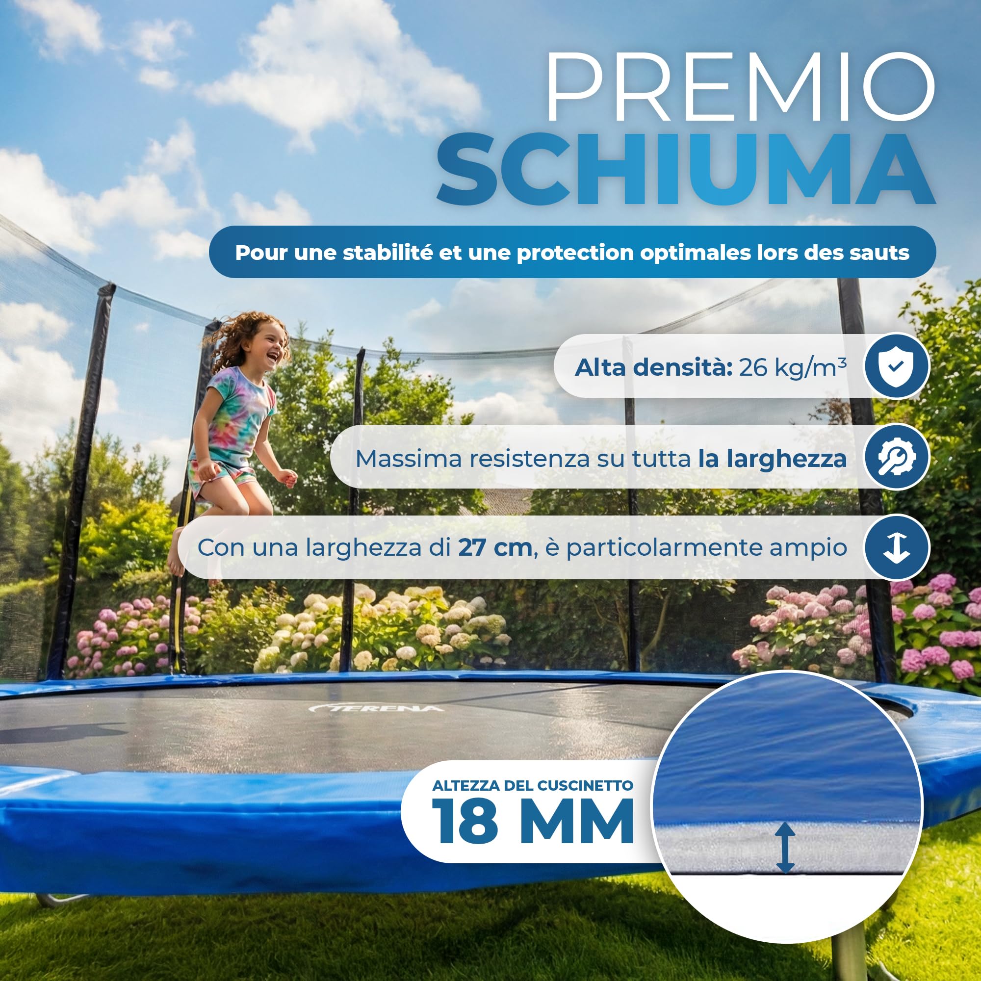 Terena Copertura Imbottita Molle Bordo Protezione per Trampolino Elastico, in PVC, Resistente ai Raggi UV, Blu