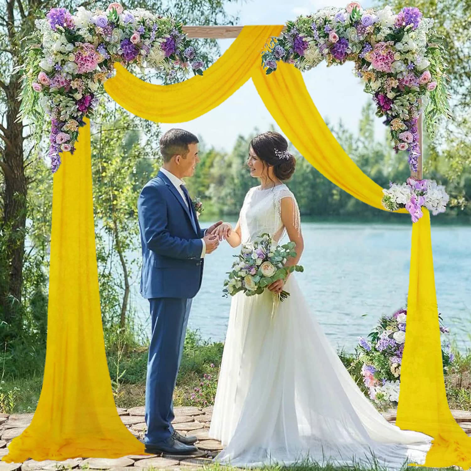 FUHSY Wedding Arch Draping Fabric 1 Panel 0.7M x 6M Gold Sheer Chiffon Drapery Fabric for Bridal Shower Sheer Backdrop Curtains Chiffon Wedding Arch Drapes for Arbor Wedding Archway Ceremony - Image 2