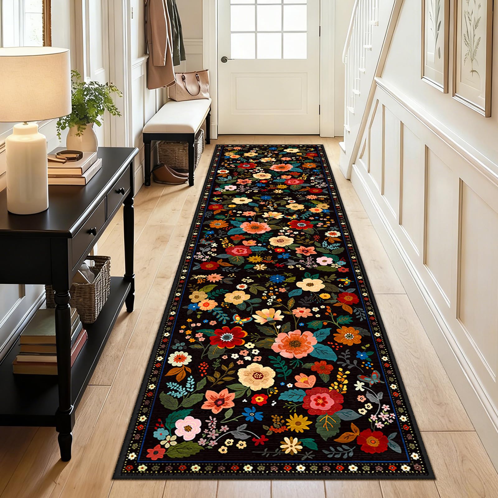 DEFYNEE Runner Rugs for Hallway, 60×240cm Floral Rug, Non-Slip 5.88mm Low Pile Boho Vintage Floral Carpet with Printed Design for Kitchen, Bedroom, Entryway, Lounge, Bedside, Black — image 1