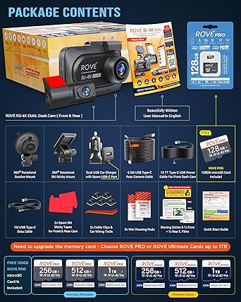 ROVE R2-4K DUAL Dash Cam Front and Rear, STARVIS 2 Sensor, FREE 128GB Card Included, 5G WiFi - up to 20MB/s Fastest Download Speed with App, 4K 2160P/FHD Dash Camera for Cars, 3 IPS, 24H Parking Mode