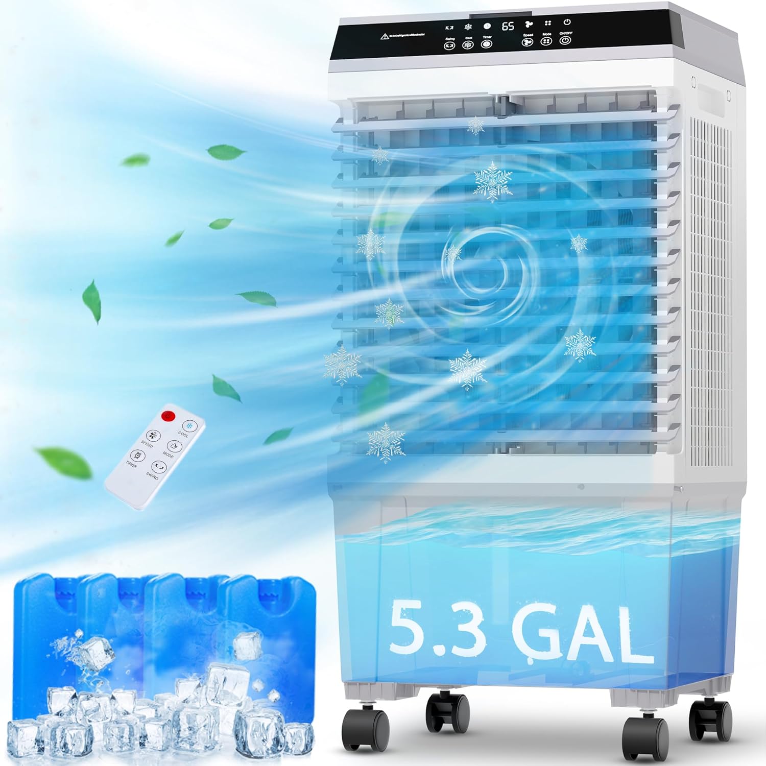 32inch Swamp Cooler Air Conditioner,Cooling Fan for Room Garage Patio,1800CFM Portable Evaporative Air Cooler，5.3 Gal Water Tank,3 Speeds,4 Ice Boxes,12H Timer,Remote
