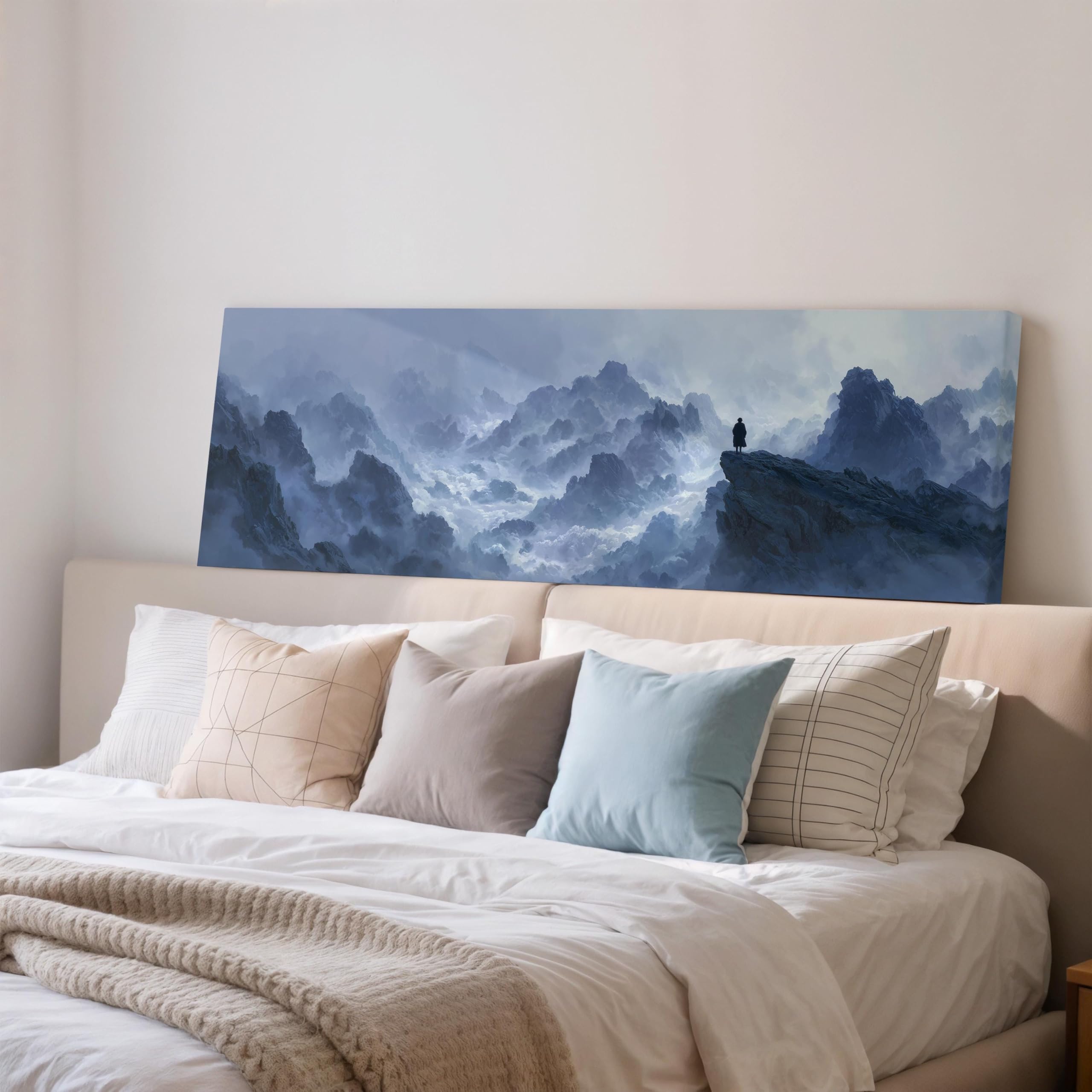 YUSUZHU Wanderer Above The Sea of Fog Canvas, Wide Panoramic Wall Art, Lone Figure on Blue Misty Cliffs, Atmospheric Art Print(45x135cm/Inner Frame)