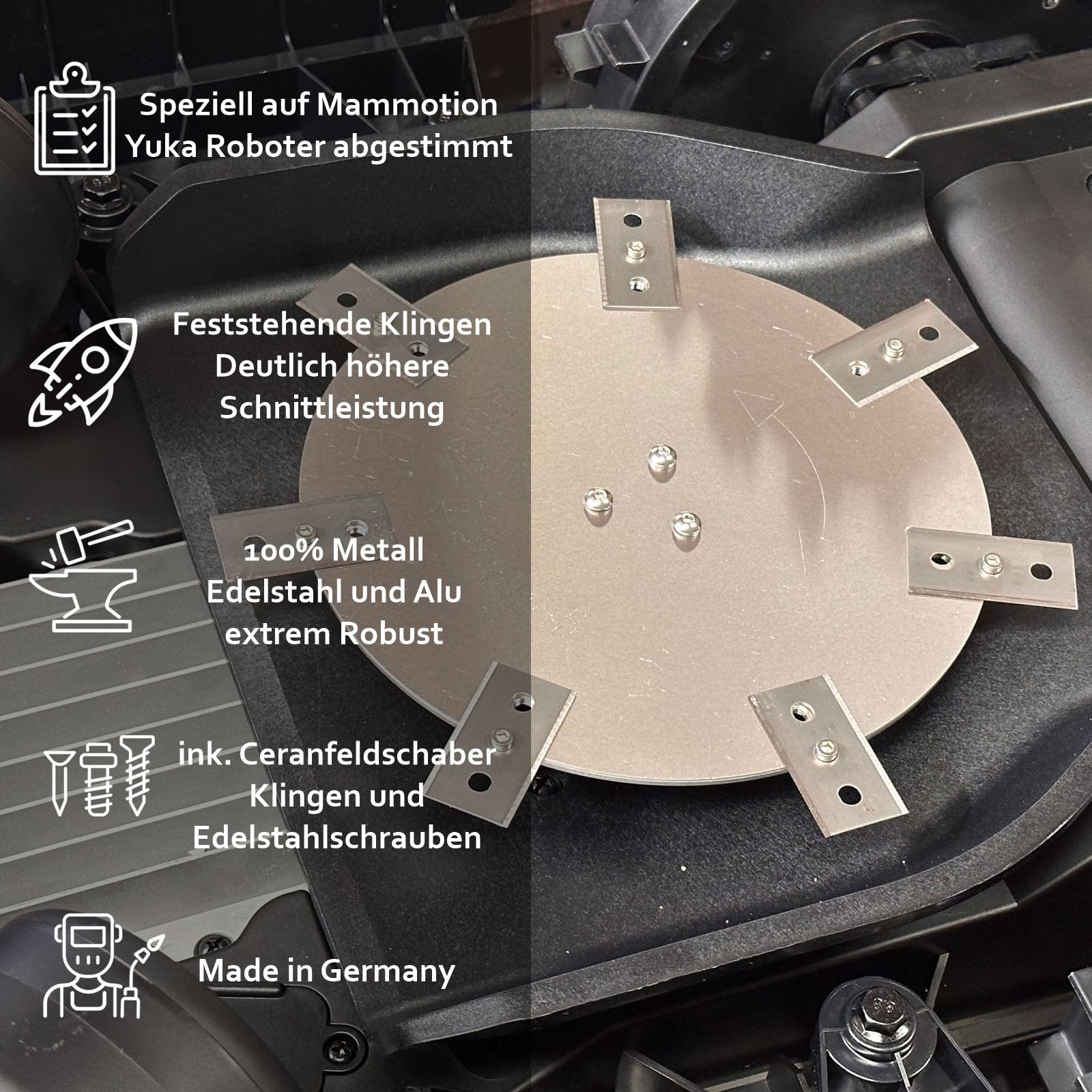 Yuka Mini 1/2 Messerscheibe Edelstahl/Aluminium 190mm Schnittbreite | 7 feststehende Ceranfeldschaber Klingen, Mähroboter, Heavy Duty, Mähroboter Tuning Messerteller Ersatzteil