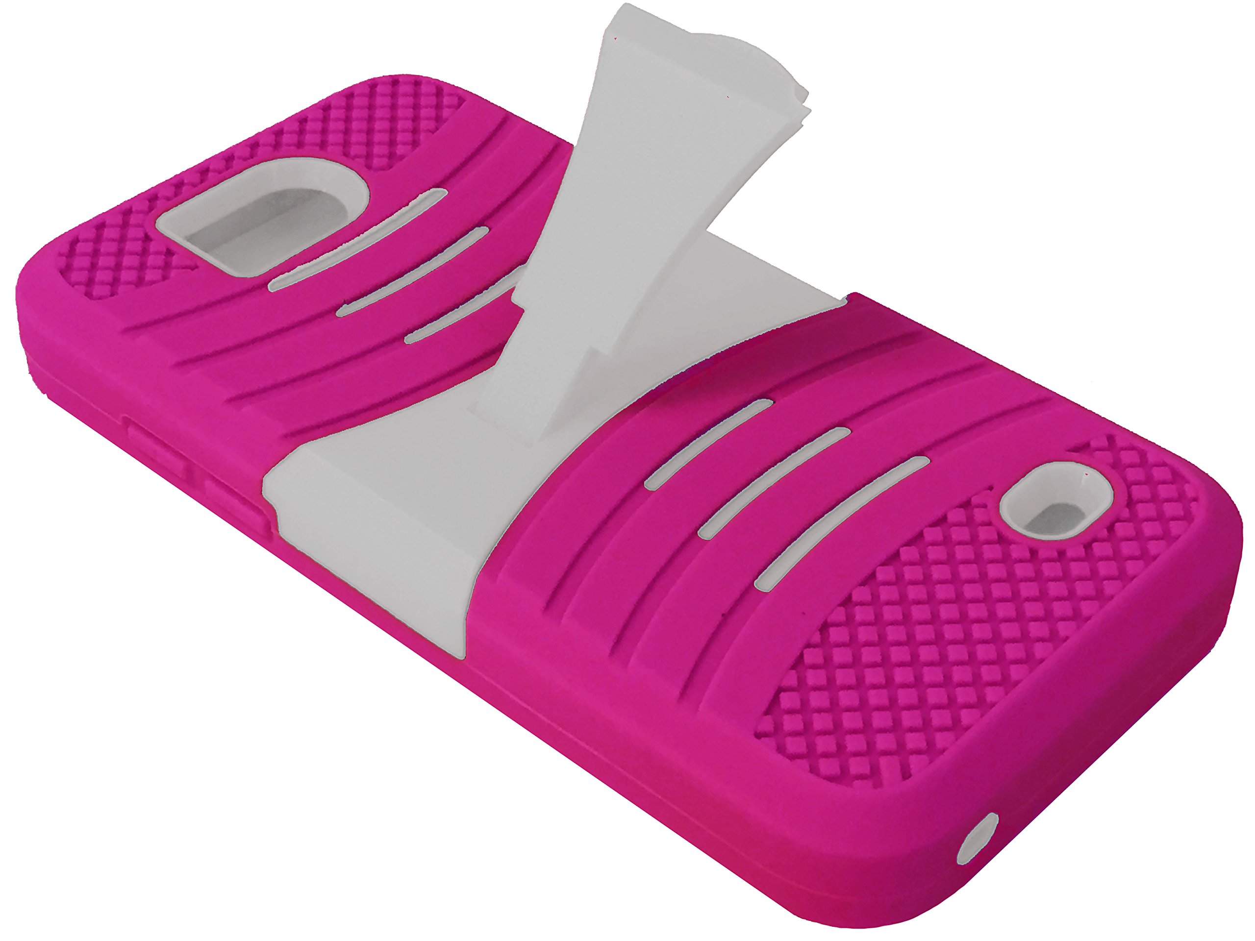 For ZTE Overture 2 Maven Fanfare Z810 Z812 Z791 Z792 Dual Hybrid Heavy Duty Hard Soft Cover Phone Case with Kickstand + Happy Face Phone Dust Plug (Horizontal Pink-White)