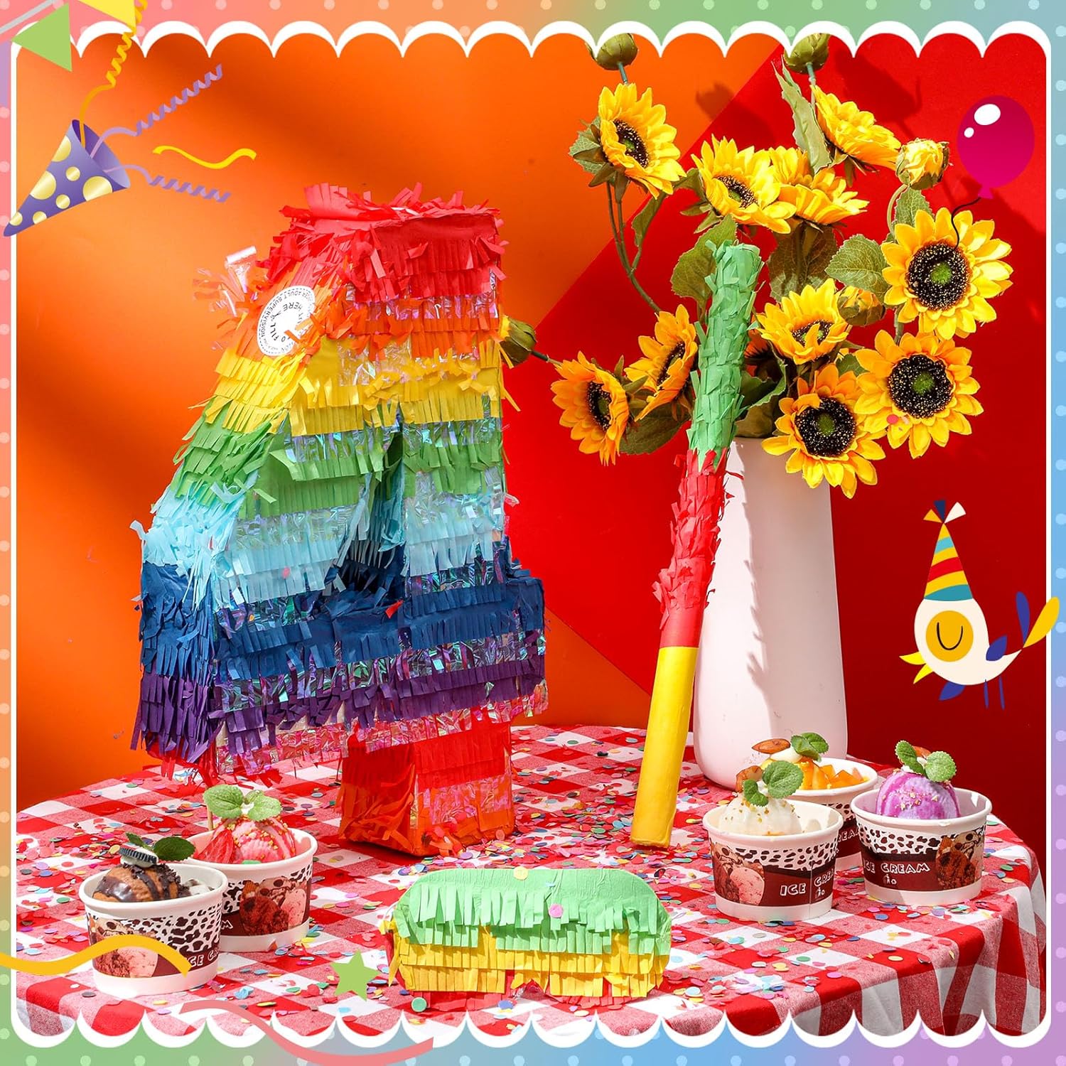 Poen Rainbow Mexican Number Piñata for Kids with Blindfold Stick and Confetti Birthday Party Decoration Piñata for Anniversary Cinco de Mayo Fiesta Party Decor(Number 4)