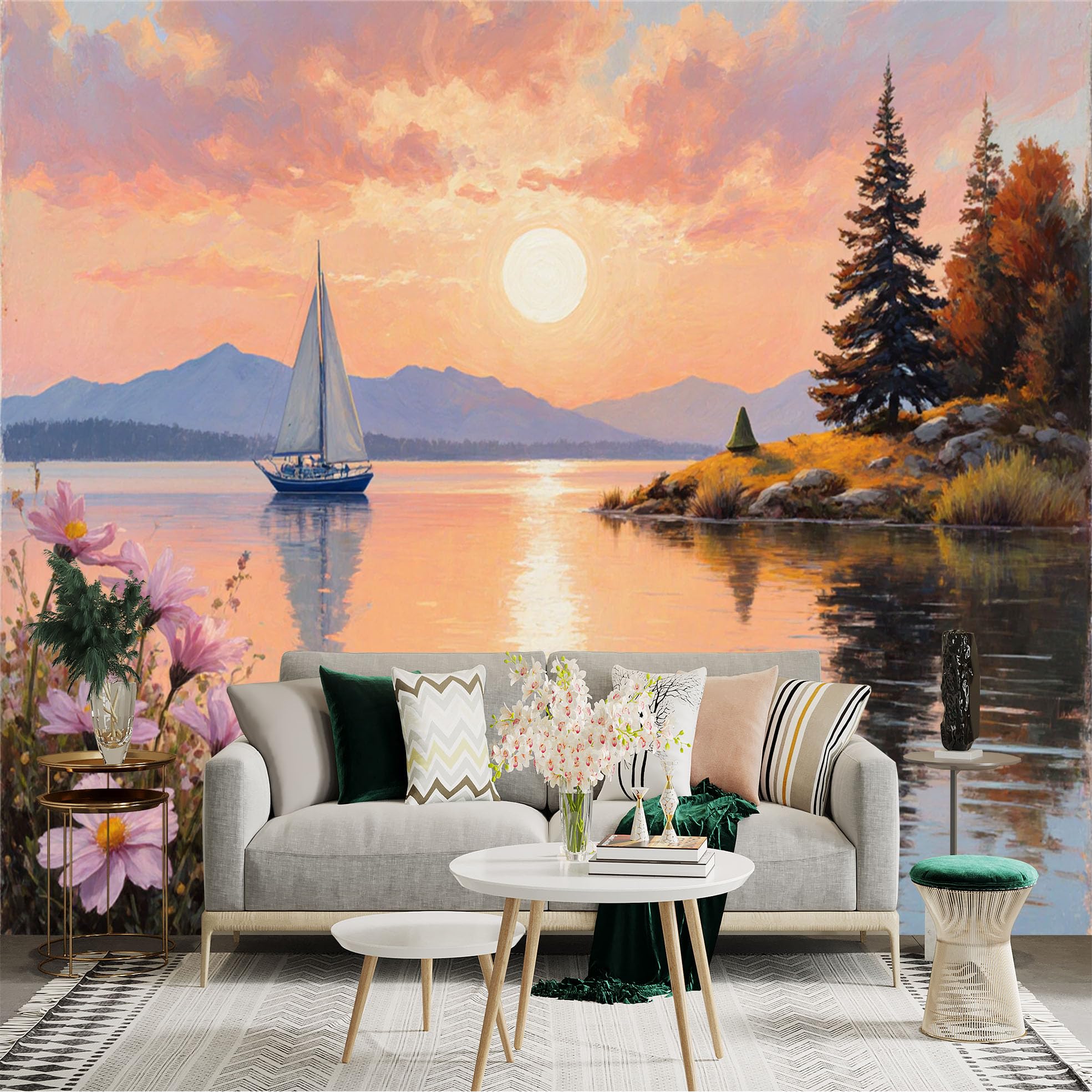 Lnzczhyre Xc260505285 Custom Size Wall Sticker Mural， Sailboat On Calm Lake At Sunset， Pink Floral Shoreline And Mountain Scenery， For Wall Decoration， Peelandstick Wall Decals.