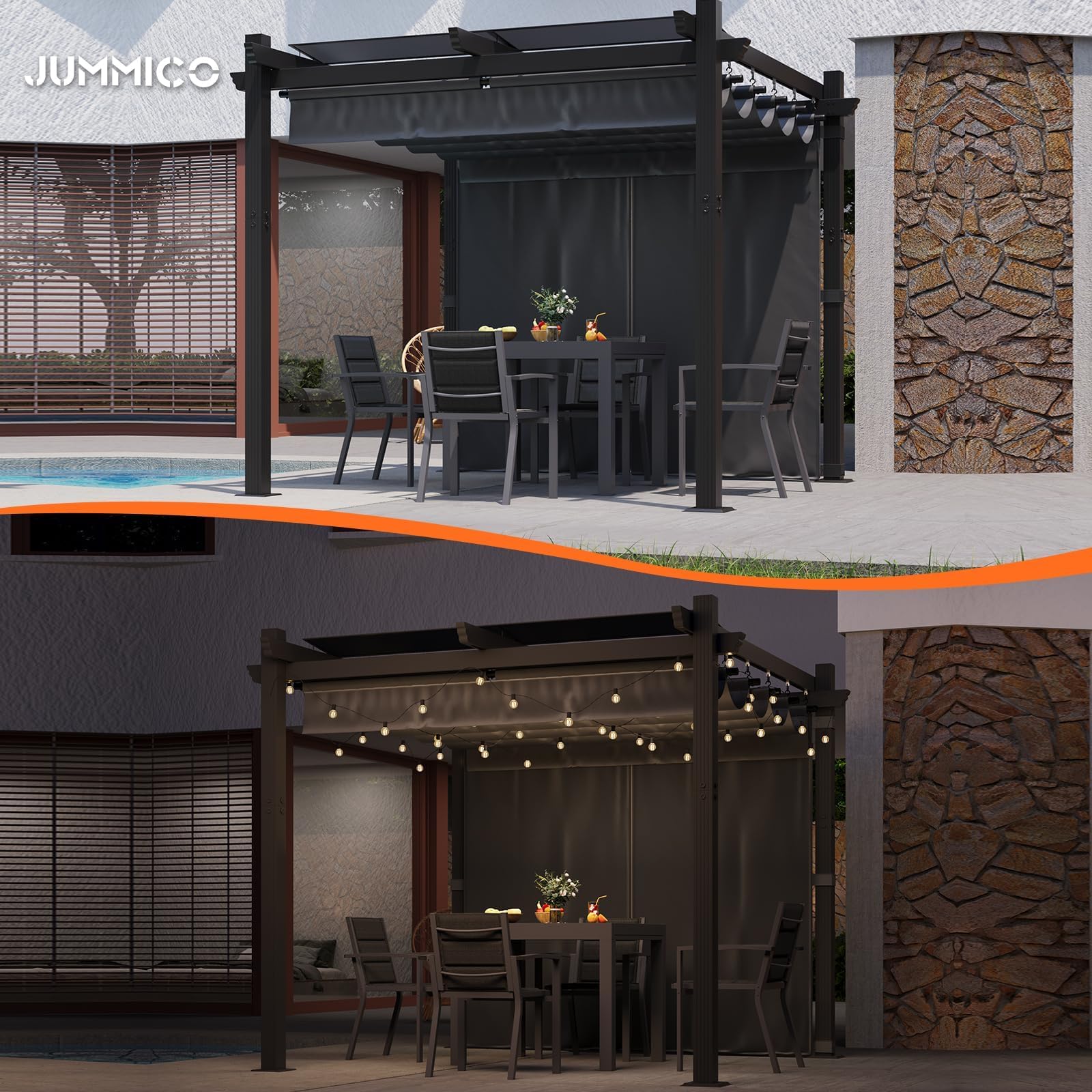 JUMMICO Aluminium Pergola Pavillon 3x3m wasserdicht stabil Winterfest, Gartenpavillon mit Schiebedach & Seitenwand, Sonnenschutz für Garten Terrasse & Balkon, schützt vor Sonne, Regen, langlebig, Grau