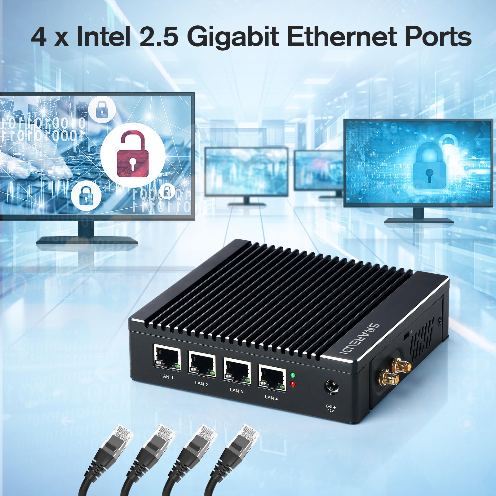 Sharevdi Fanless Firewall Appliance 6X Intel i226 LAN Firewall Mini PC Intel N3710 4C/4T,DDR3 mSATA SSD, Network Gateway Soft Router, Test with P-F-Sense/OPN-Sense AES NI HD/Type-C/SIM Card/TF/Wi-Fi: N3710/8 GB DDR3/64 GB SSD/4 LAN