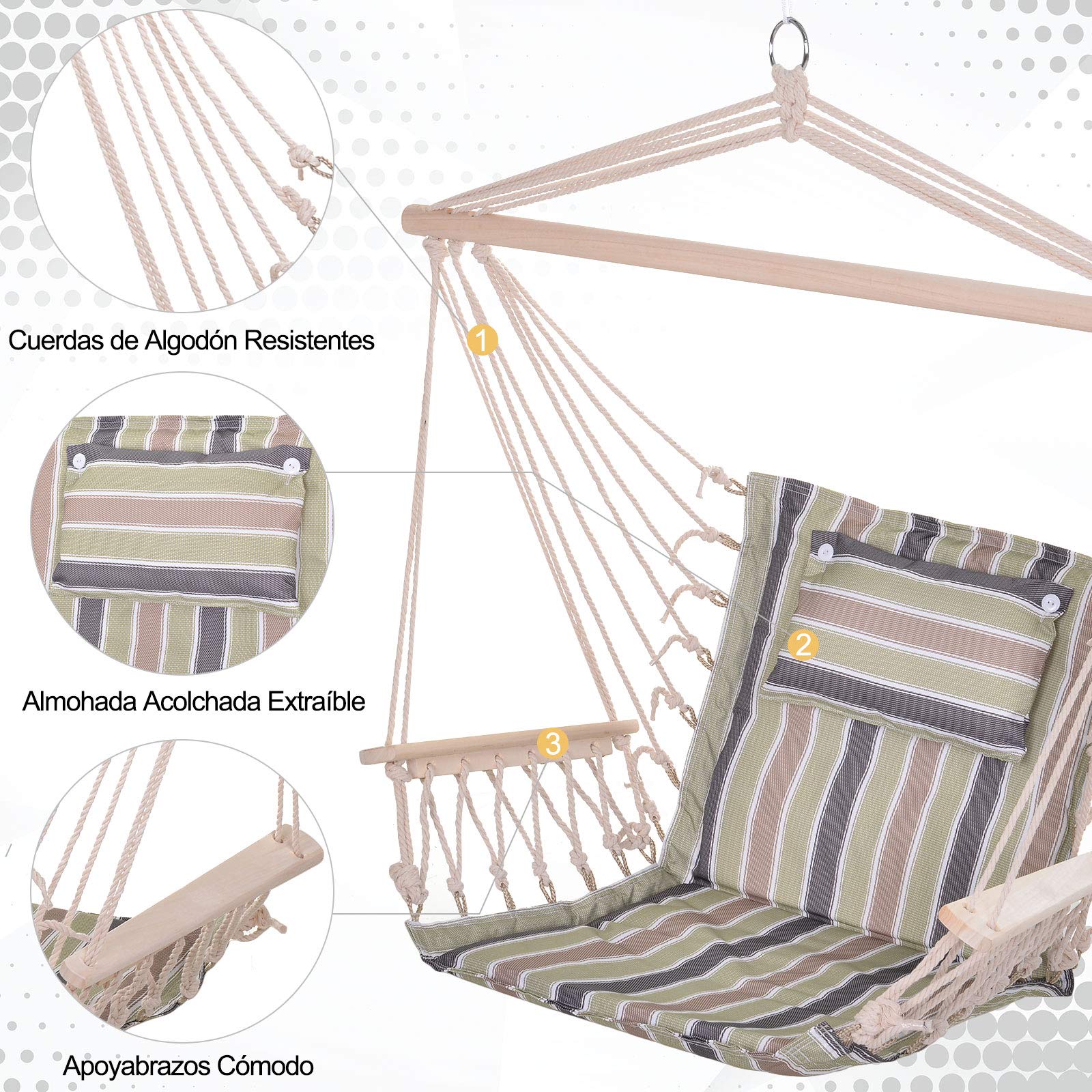 Outsunny Sedia sospesa a righe amaca con cuscino poggiatesta per interno esterno 100 x 106 cm Carico massimo 105 kg