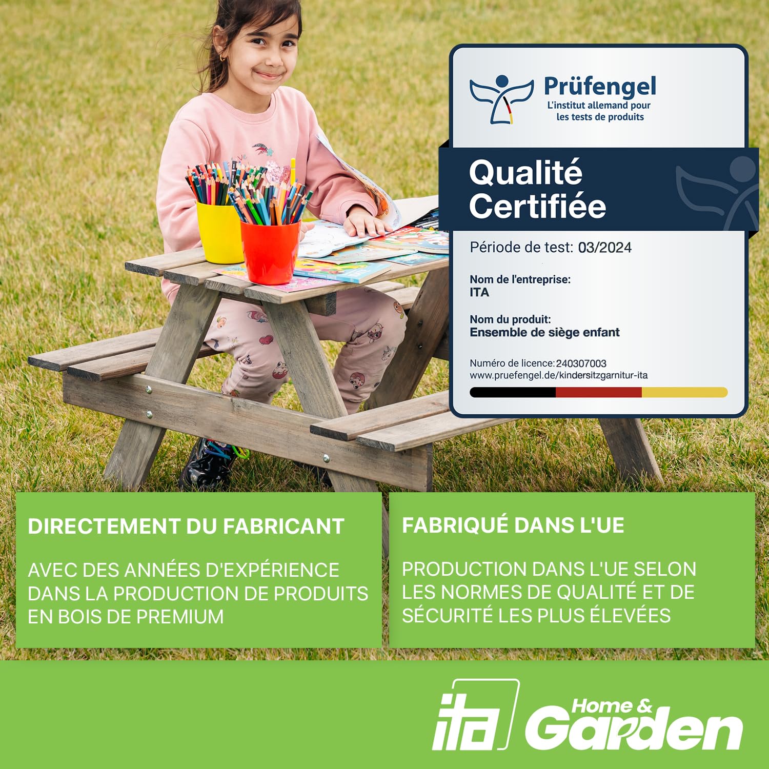 ITA Table de Pique-Nique pour Enfants en Bois - Ensemble Table avec 2 bancs - Table de Loisirs pour intérieur et extérieur - Qualité directe du Fabricant - Fabriqué dans l'UE, Couleur: Gris