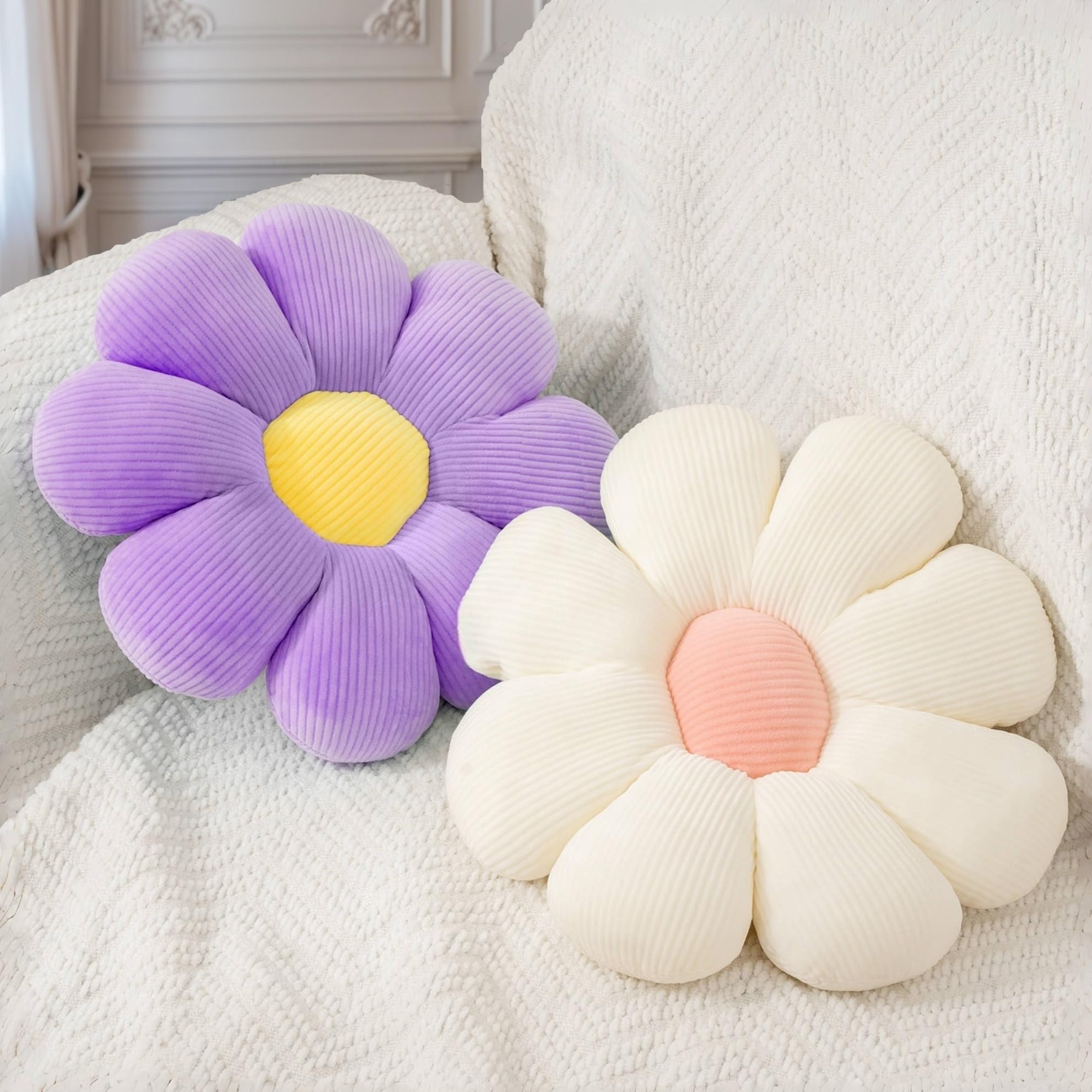 2 Pcs Purple White Flower Decorative Throw Pillows for Bed Couch Chair Sofa, 15.35" Cute Aesthetic Flower Daisy Shaped Throw Pillows for Bedroom Room