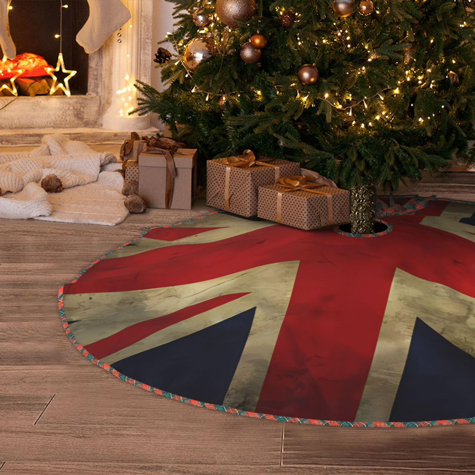 British Flag Christmas Tree Skirt 30" Artificial Tree Mat Cover Merry Christmas Burlap Xmas Tree Skirt for Christmas Decoration Holiday Indoor Outdoor Winter Party Decor