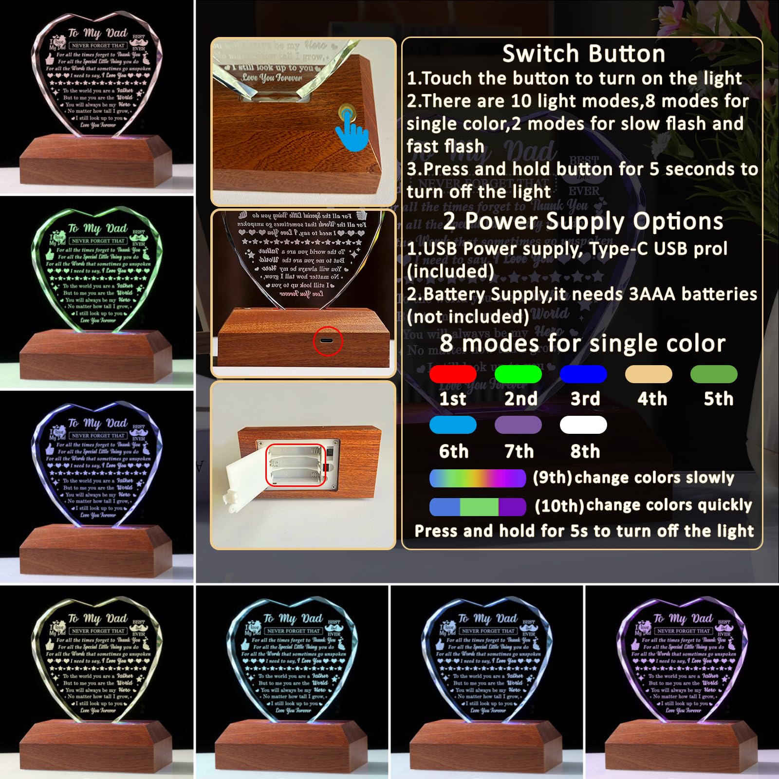 Regalo per papà da figlia figlio, regalo di compleanno per papà che non vuole niente, cuore in vetro laser regalo per festa del papà, Natale, San Valentino