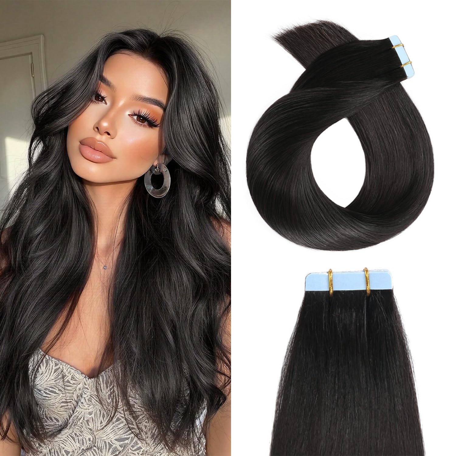 YILITE Off Black Tape in Hair Extensions Human Hair,20 inch 20pcs 50g Silky Straight Tape ins,Seamless Skin Weft Tape in Human Hair Extensions,Natural