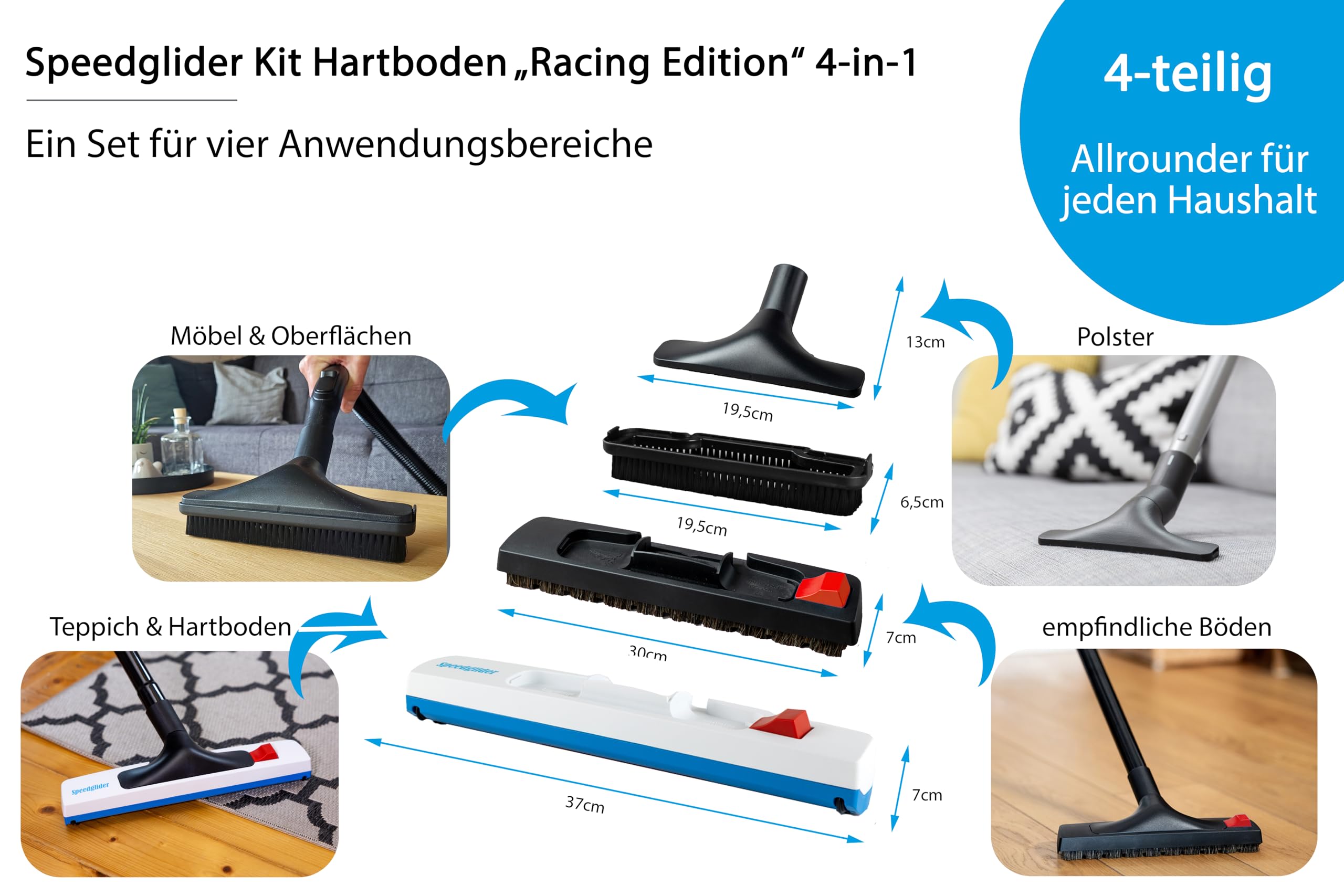Wessel-Werk Speedglider Kit Hartboden 4-in-1 | Staubsaugerdüsen-Set für Teppich, Hartböden, Möbel, Polster | 4-teilig | inklusive Universal-Adapter | passend von 32-38mm