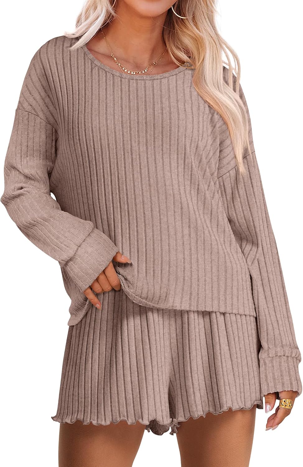 ANRABESS Women's 2 Piece Lounge Pajama Sets Casual Ribbed Long Sleeve Top Matching Shorts Sleepwear PJ Set 2025 Fall Outfits
