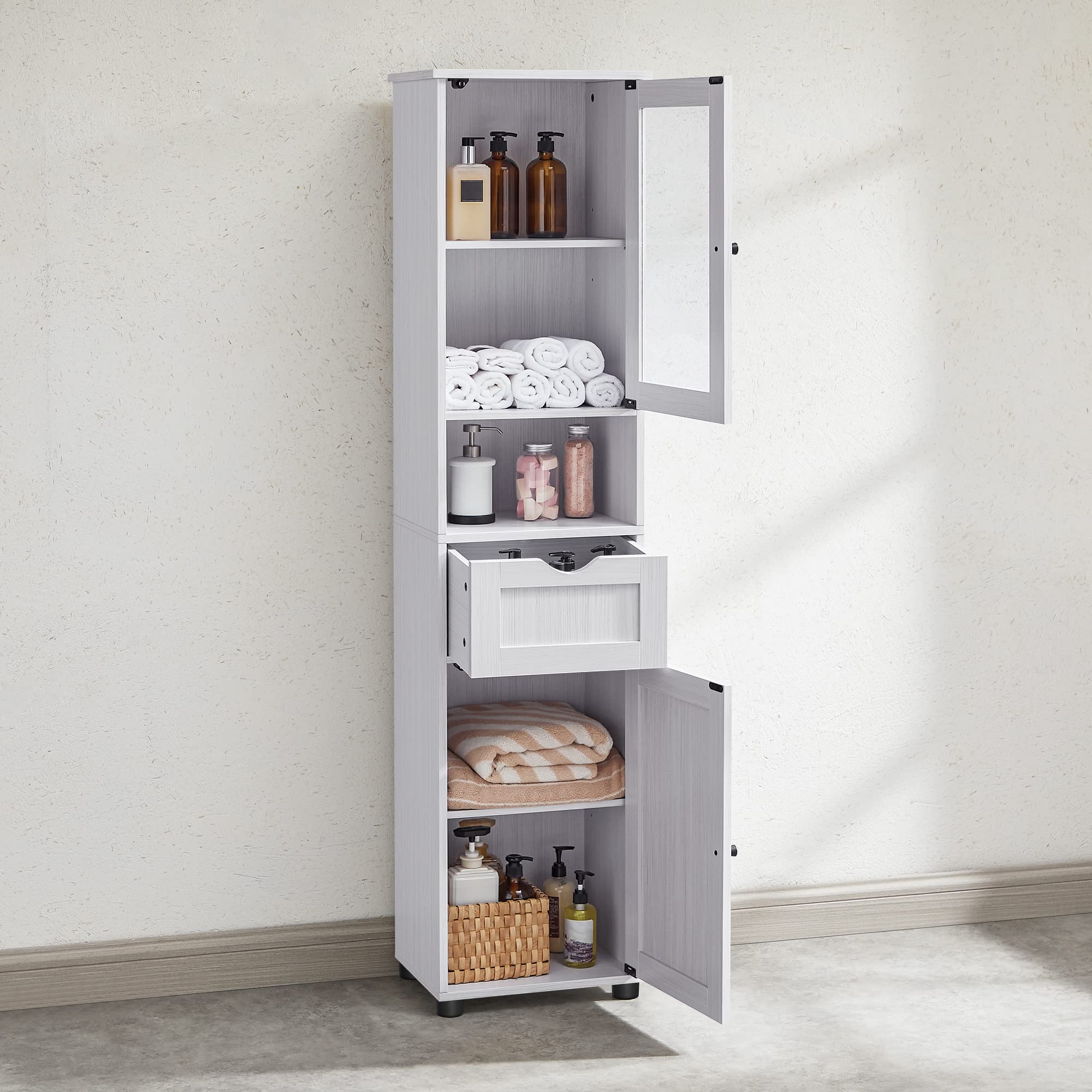 VASAGLE Mueble Baño, Armario Baño, Armario Alto, Compartimento Abierto, Puerta de Cristal, Estrecho, con Patas, Estantes Regulables en Altura, Ahorro de Espacio, Blanco Arce BBK163T44