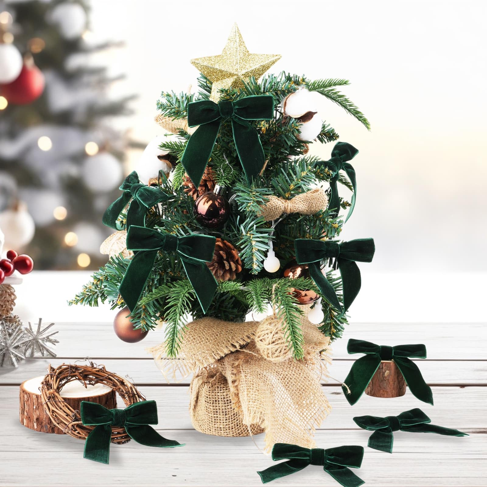 24 lazos de Navidad de terciopelo verde para árbol de Navidad y corona, 3.5 x 3.5 pulgadas, lazos de cinta de nailon de alta calidad con lazo de alambre giratorio, decoración de boda