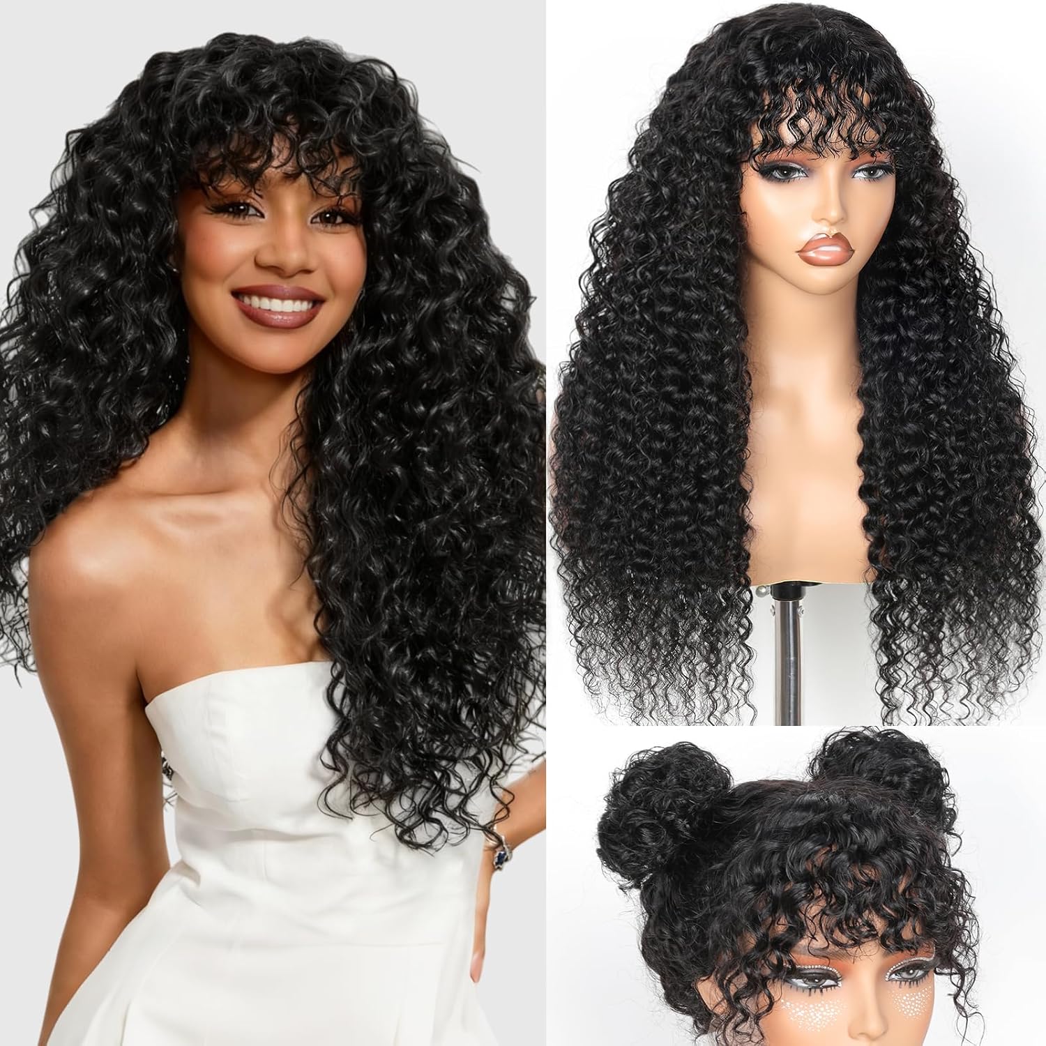 Ruiyu Shaggy Haircuts Curly Wig with Bangs Human Hair 2x4 HD Lace Closure Wear and Go Glueless Wig Water Wave Wigs with Bangs for Black Women 100% Brazilian Virgin Human Hair 20 Inch