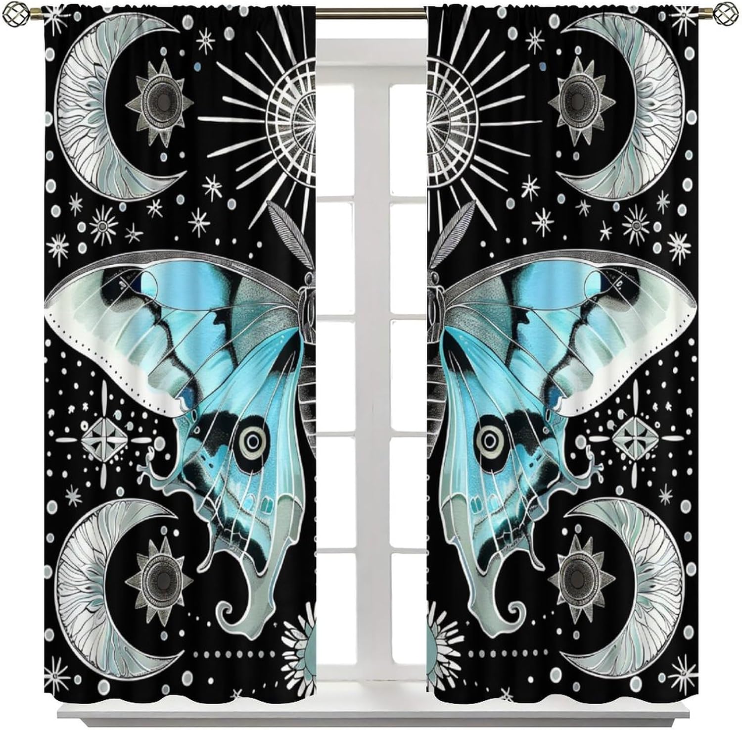 Moth Butterfly Blackout Window Curtains, Moon Phase Stars Bohemian Print Window Drapes, for Bedroom Living Room 52" W X 84" L