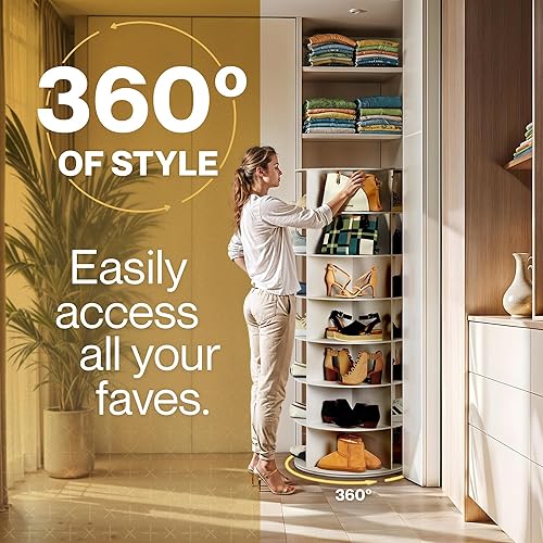 Miniatura 3 de LOFT + IVY Zapatero giratorio de 7 niveles, organizador de almacenamiento giratorio de 360 grados, moderno carrusel de zapatos redondo para armario,