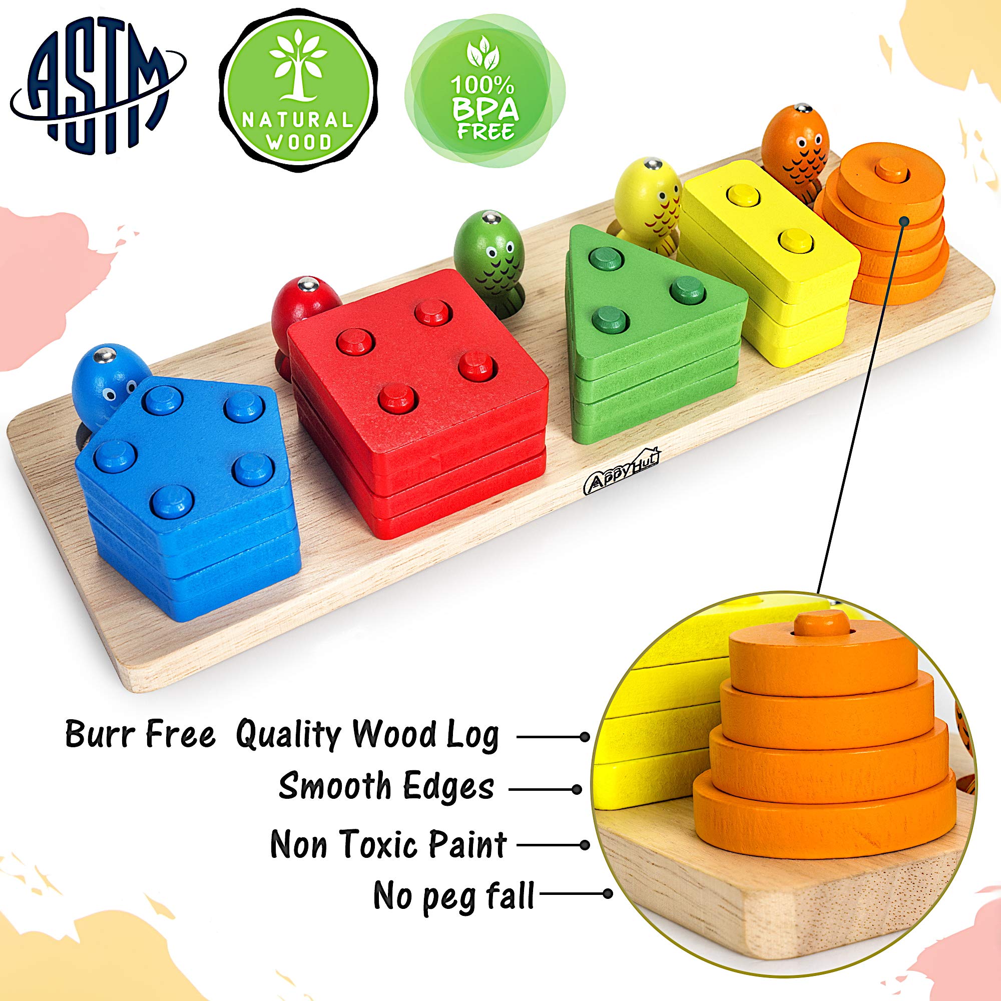 AppyHut Wooden Shape Sorter Stacker Toddlers Puzzles Toy Montessori