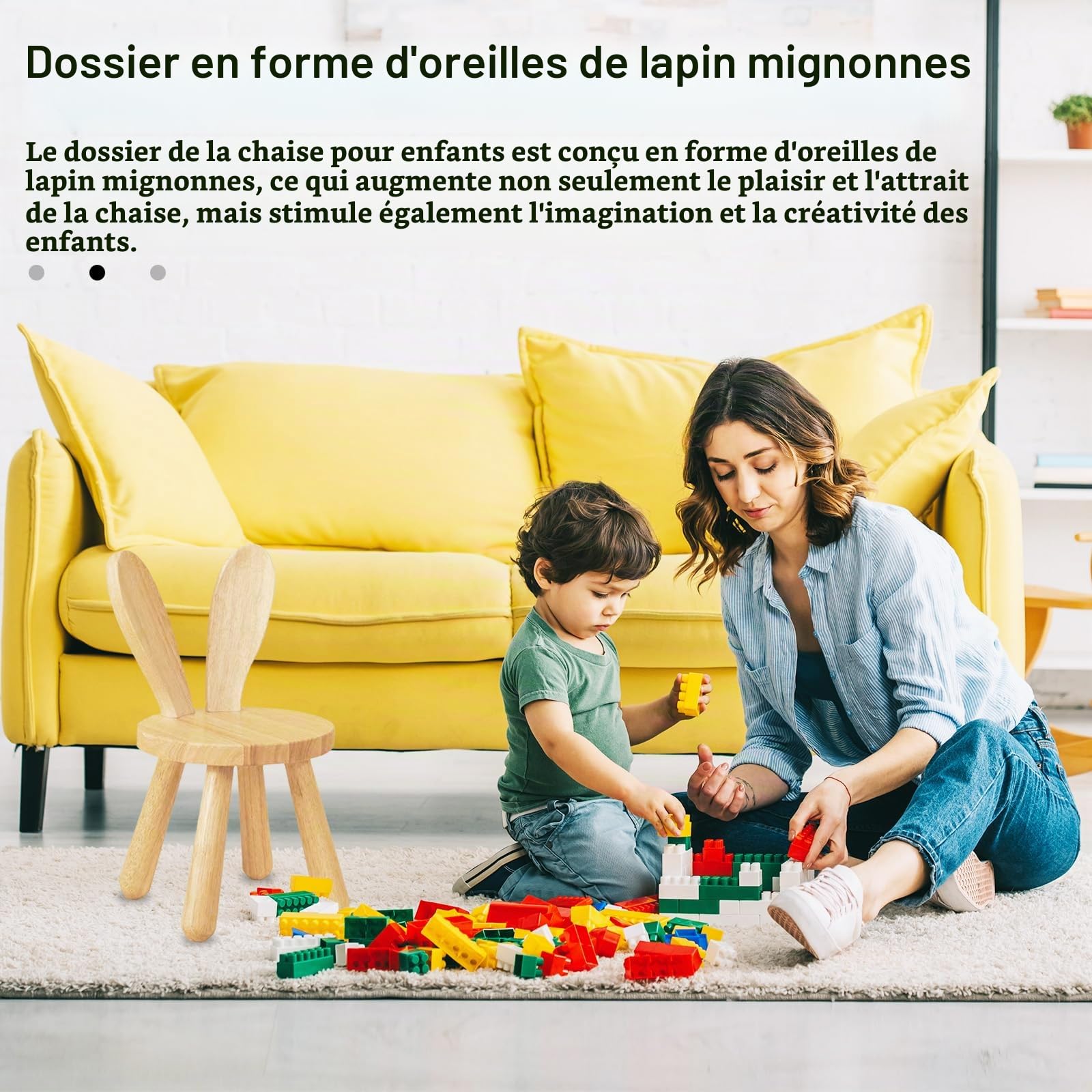 Chaise en Bois Massif Pour Enfant Avec Dossier Oreilles de Lapin, Dispositif Antidérapant, Hévéa Pour Chambre 25cm