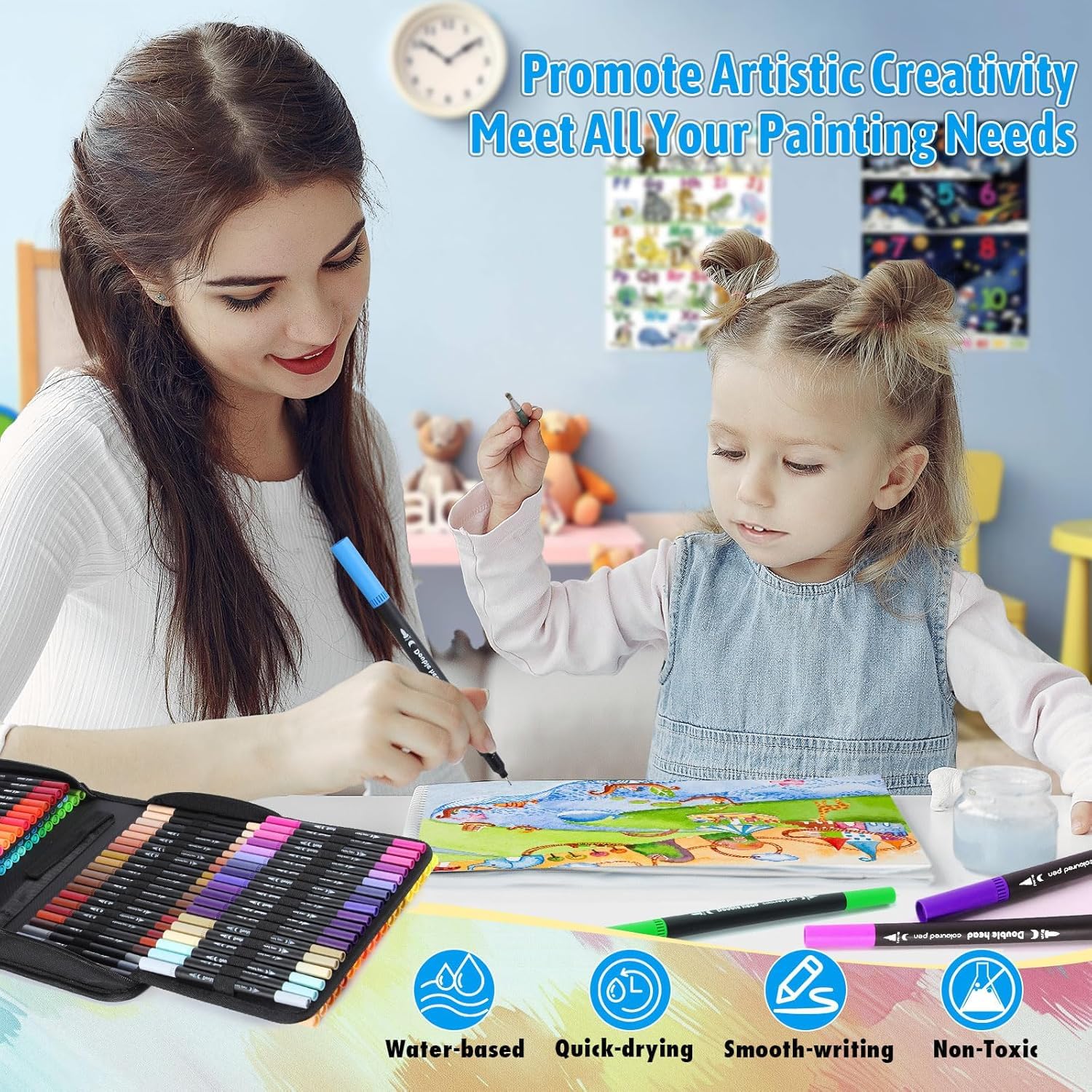 MIAOKE Pennarelli A Doppia Punta 120, Con 3 Album Da Colorare, Pennarelli Spessi E Sottili, 3 Ricariche E Una Custodia Nera Impermeabile Per Dipingere