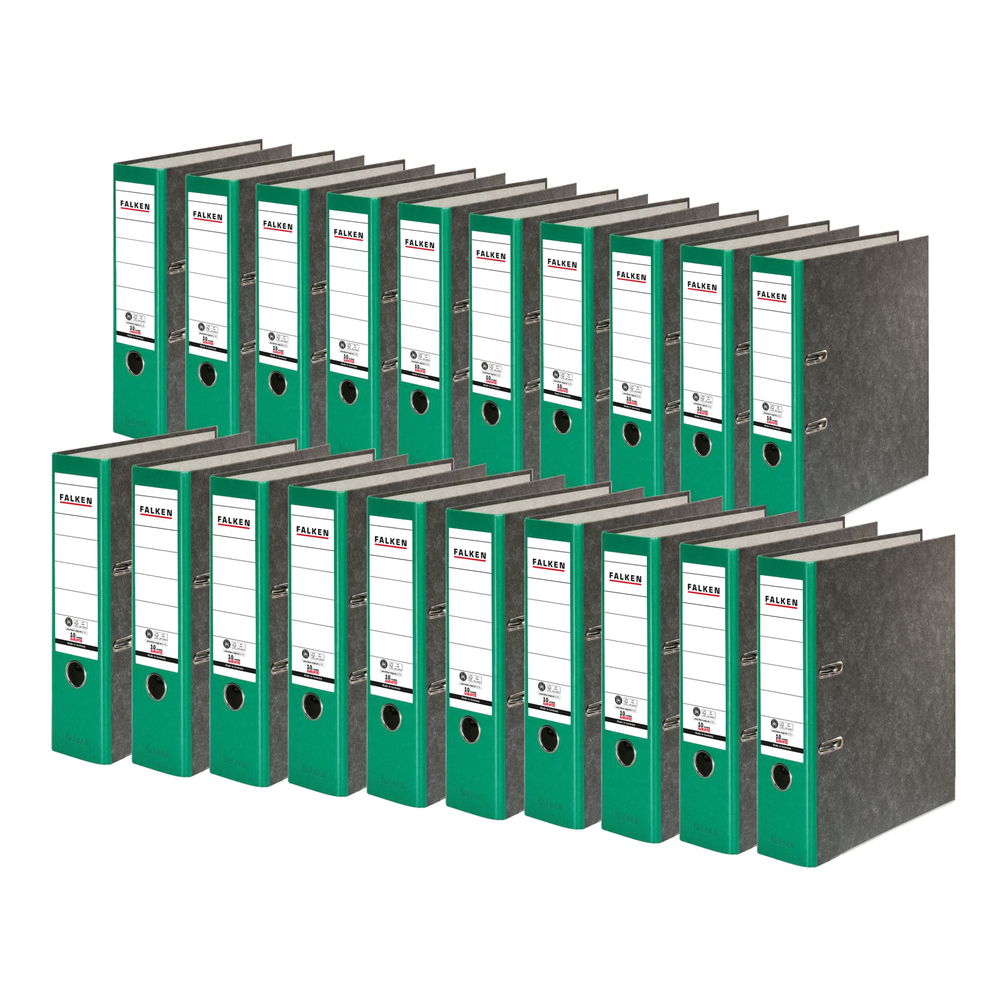 20x Falken Recycling segregator marmurkowy A4 szeroki 8 cm zielony grzbiet. Wyprodukowano w Niemczech. Segregator biurowy Segregator dźwigniowy Segregator z mechanizmem Certyfikat Błękitny Anioł
