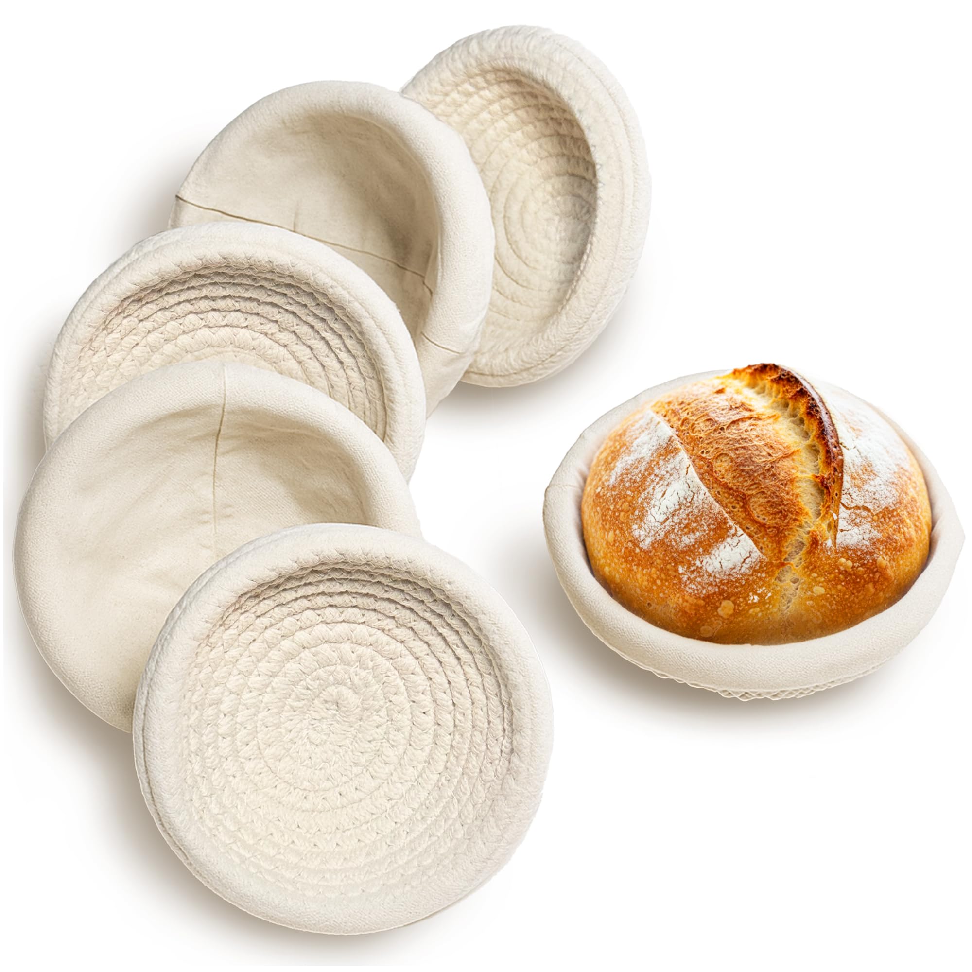Mini Banneton Proofing Basket (14cm, Set of 6), Natural Cotton Mini Banneton Basket & Liner, Sourdough Prooving Basket for Bread Bowls & Small Loaves