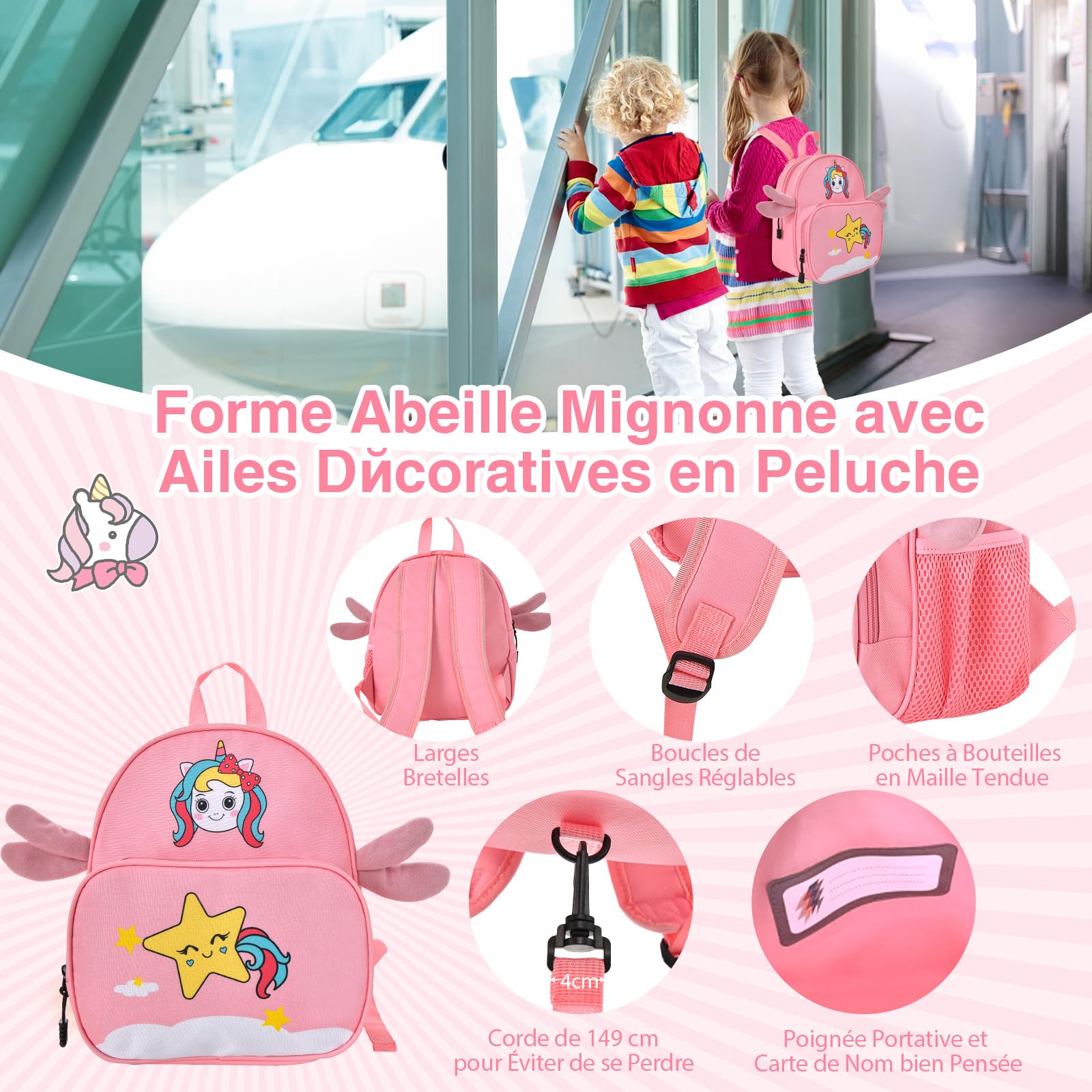 COSTWAY Valise Enfants à roulettes 18” avec Sac à Dos 12”, Bagages à Main pour Voyage avec Roues Coque Imperméable Poignée Rétractable pour Enfants de 3 Ans+ Charge 50KG+8KG (Rose Licorne)