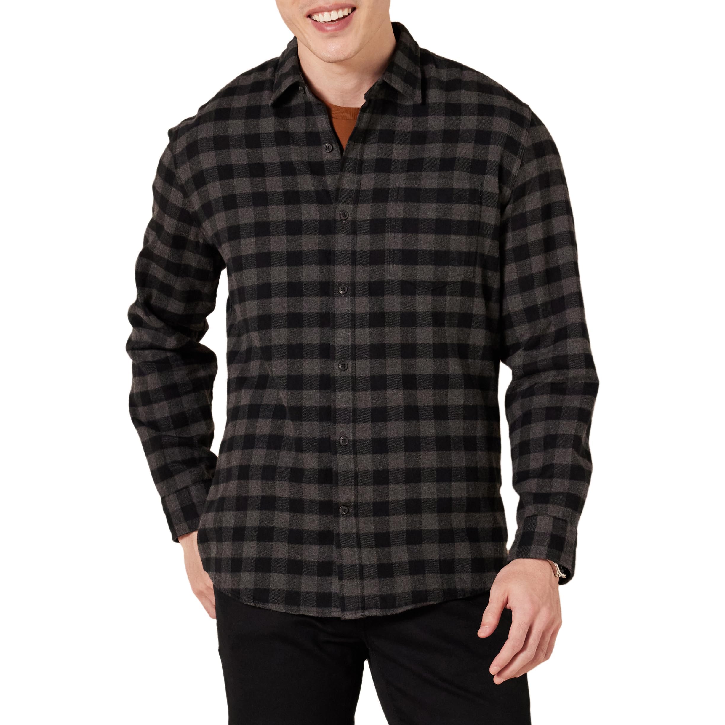 Amazon Essentials Men's Long-Sleeved Flannel Shirt, Charcoal Buffalo Plaid, M