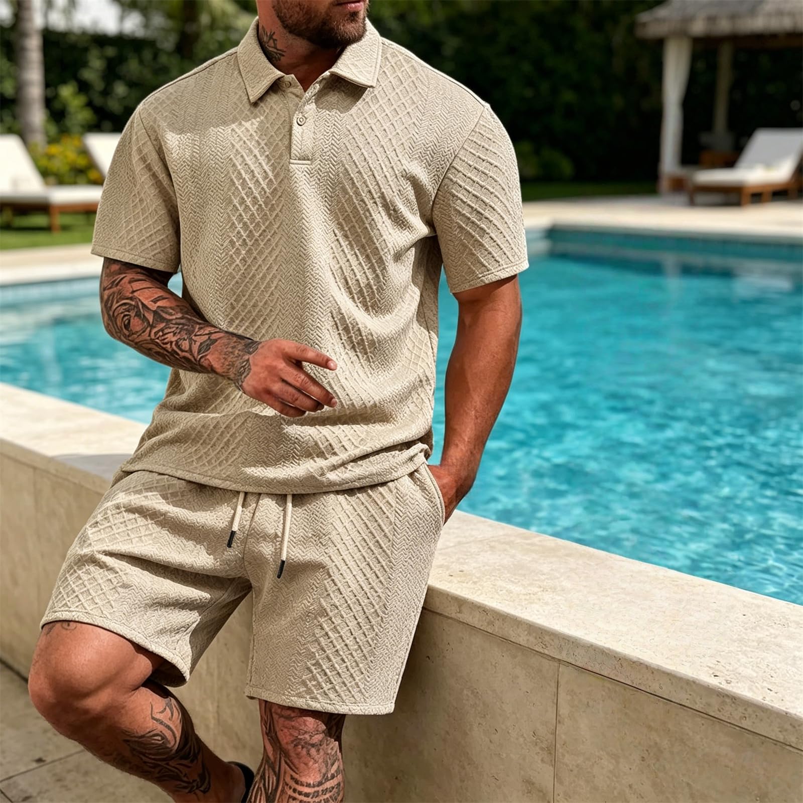 Męska solidna koszulka polo i szorty ze sznurkiem w talii zestaw teksturowanych żakardowych koszulek polo, sportowy dres do joggingu, letni dres