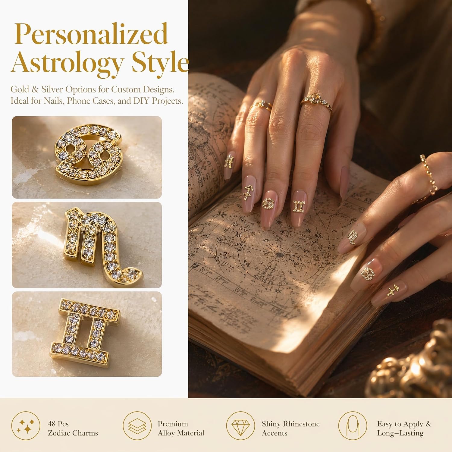 48Pcs Zodiac Nail Charms Gold and Silver Constellation Nail Studs with Astrology Sign Designs for Nail Art Jewelry Making Birthday Decorations and DIY Accessories