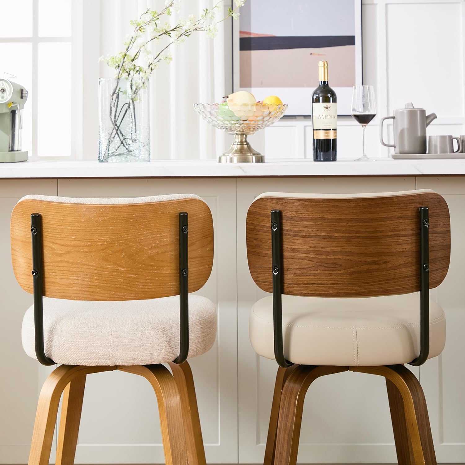 Swivel Bar Stools Set of 2, 26" Upholstered Counter Height Bar Stools with Back and Oak Wood Legs, Linen Fabric Upholstered Barstools for Kitchen Counter, Linen Beige
