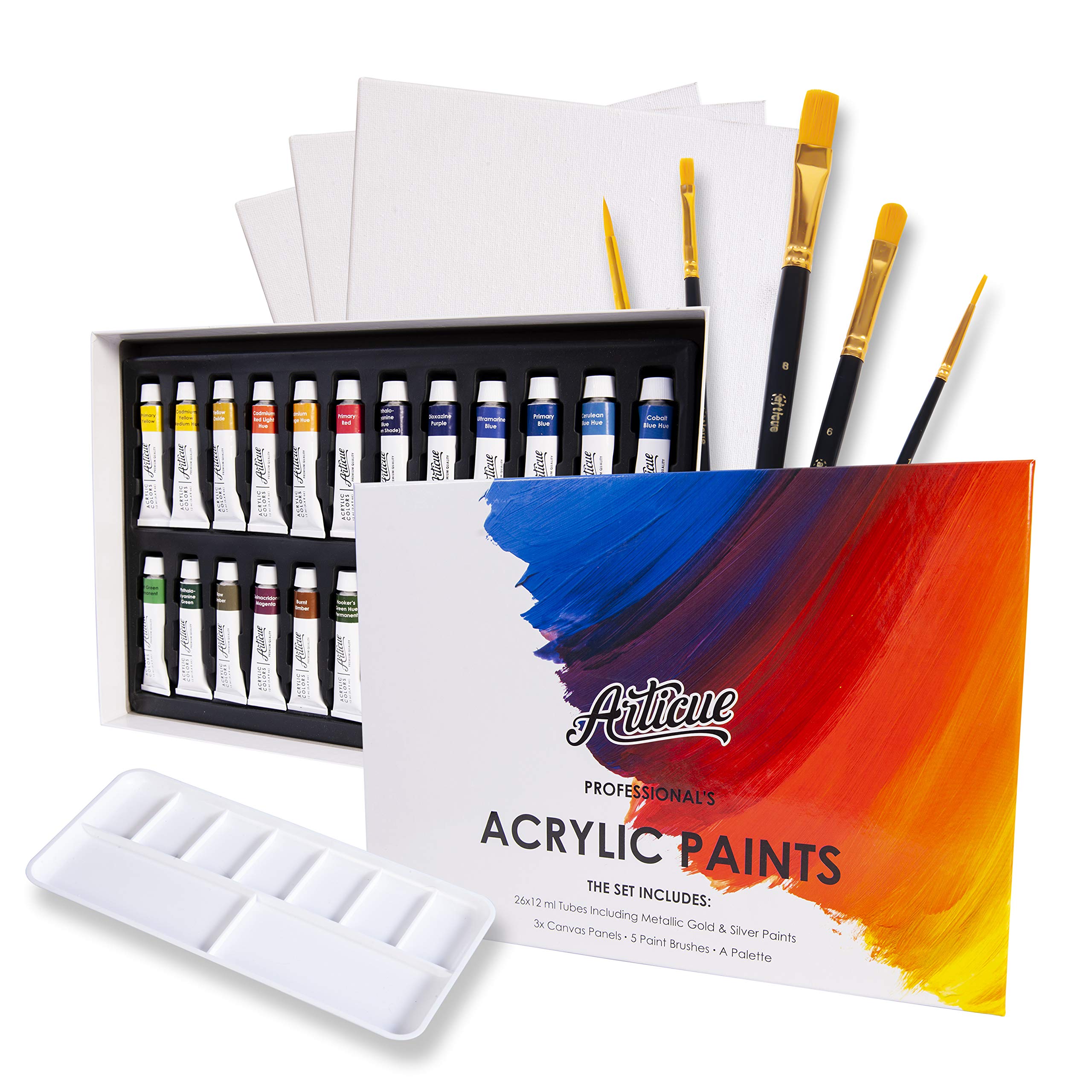 Buy 26 Colors Acrylic Paint Set with 3 Canvases, 5 Brushes & a Palette