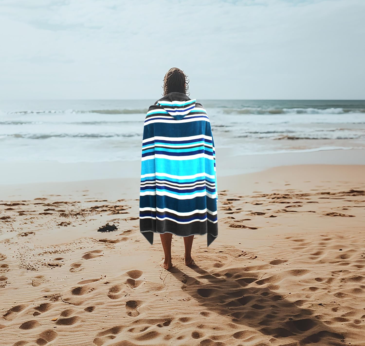 COTTON CRAFT Hooded Beach Towel – Oversized 39 x 68 Towel with Hood for Adults - 100% Ringspun Cotton Velour Terry Towel Stripe Bath Wrap - Super Soft Plush Absorbent Quick Dry – 450 GSM – Cancun Blue - Image 4