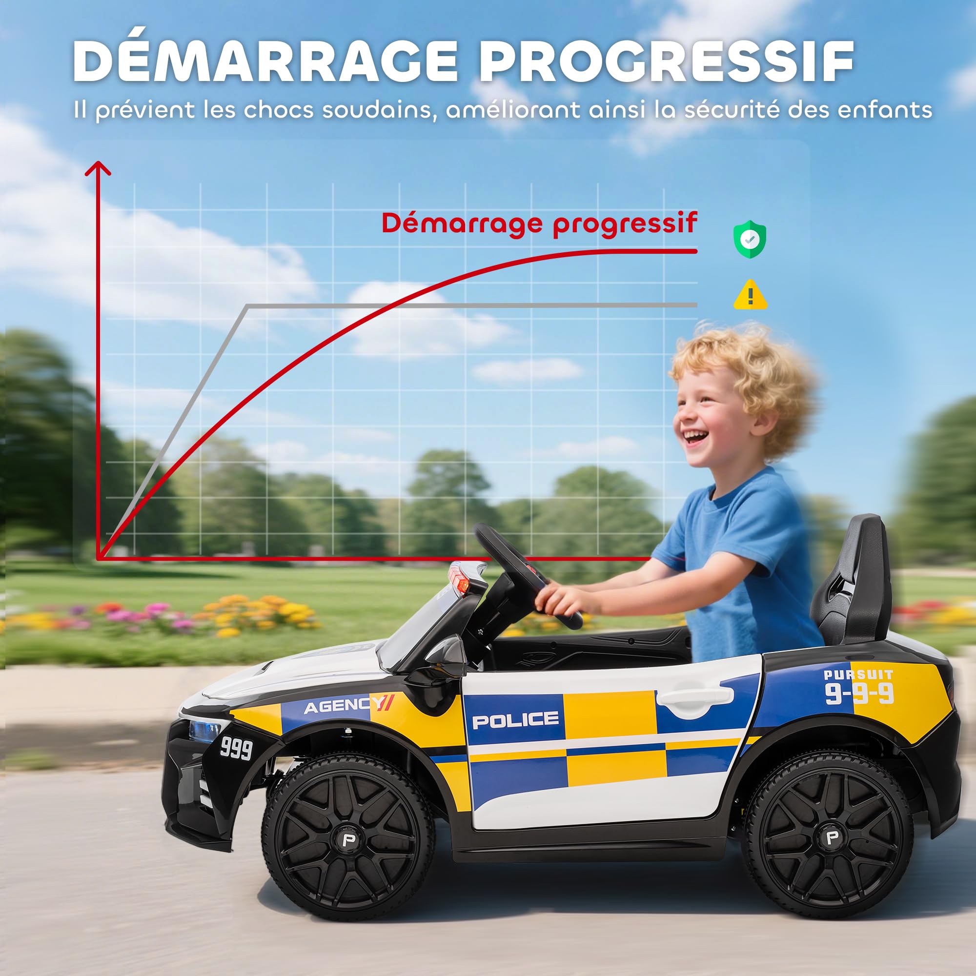 AIYAPLAY Voiture Électrique de Police Enfant 12V, 3-5 Ans, Multicolore